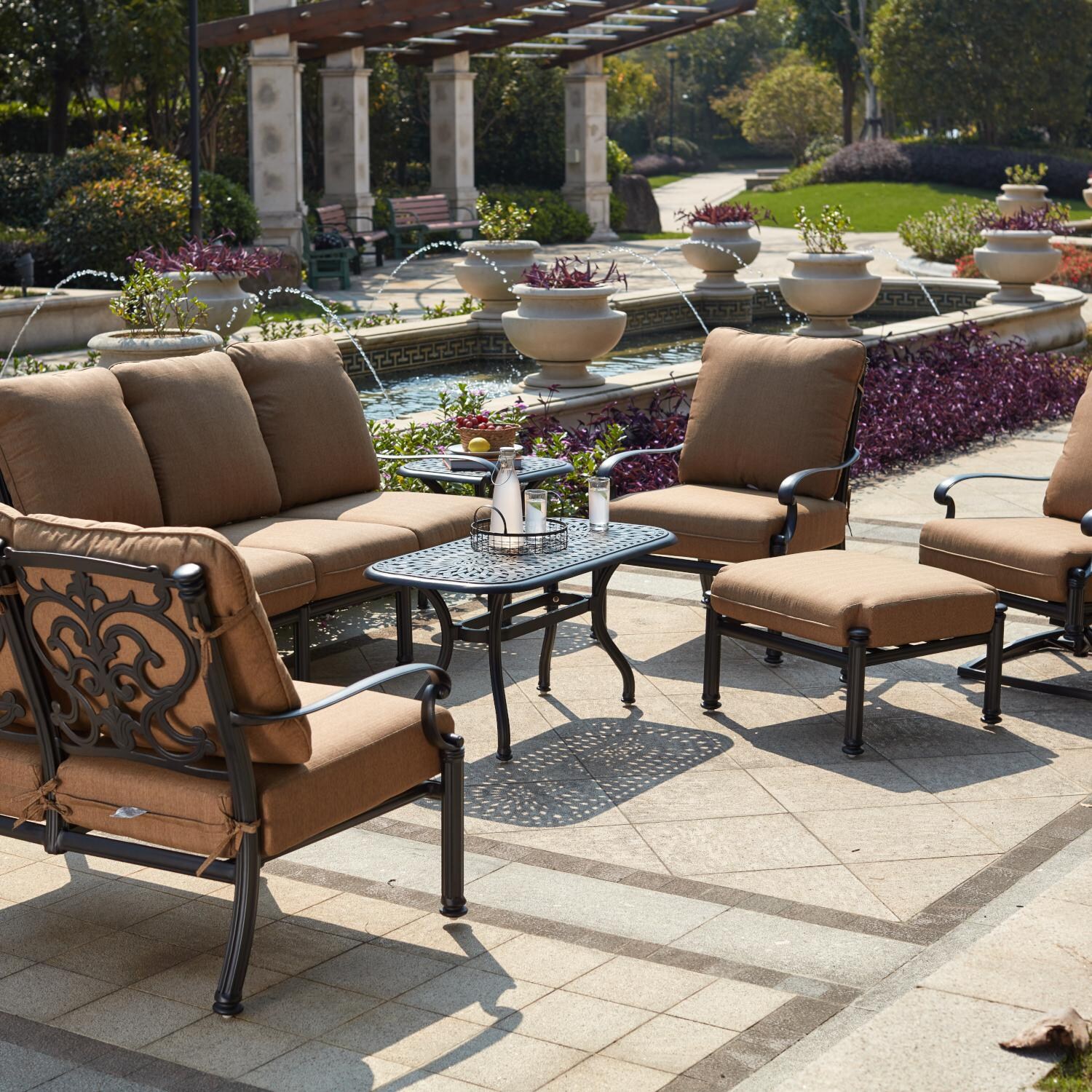 Darlee Santa Barbara 7 Piece Cast Aluminum Patio Conversation Set W/ Sesame Cushions image