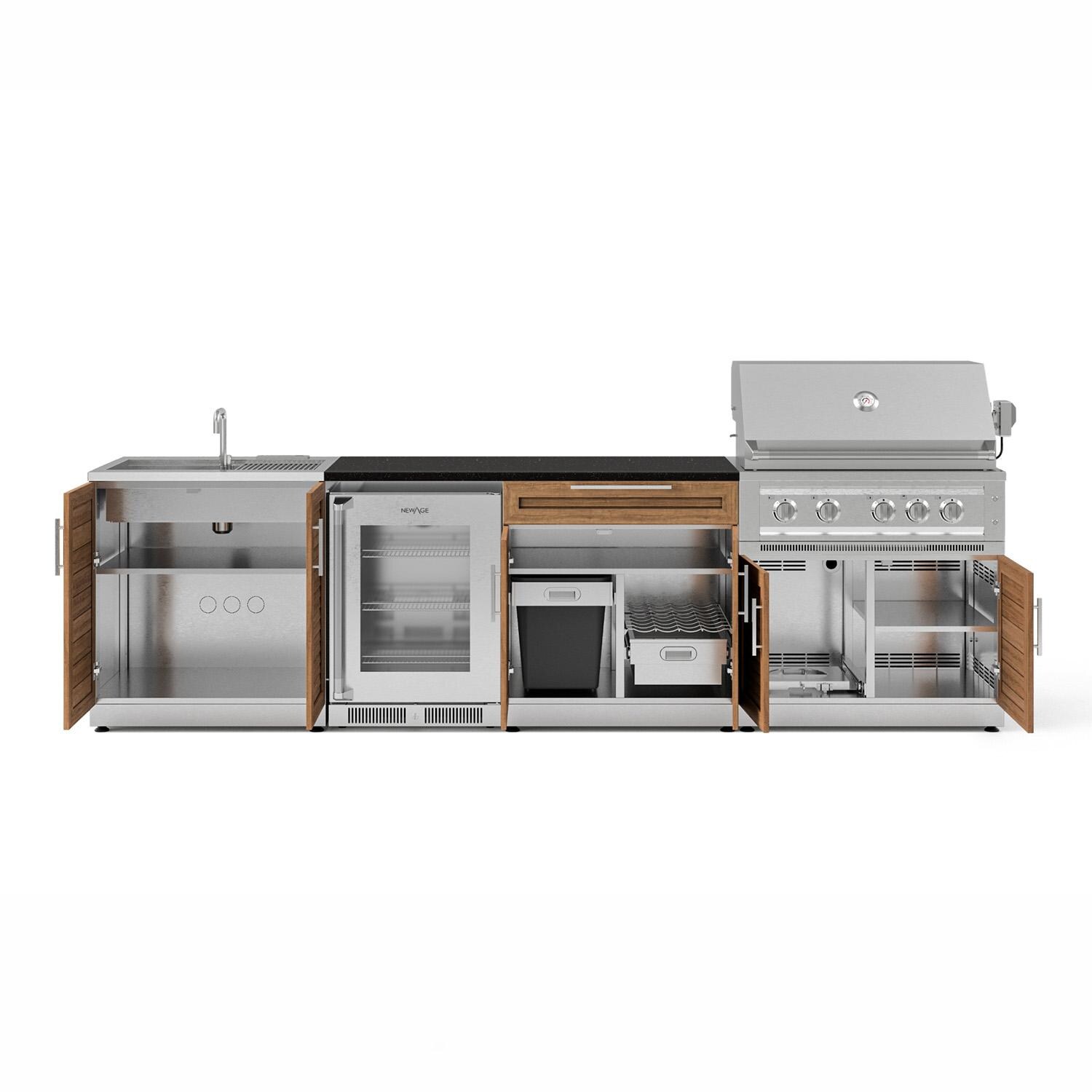 NewAge Products 72037 Classic Series 10 1/2 Ft Outdoor Kitchen Island w/ 36-in Propane Grill, Sink, Glass Door Refrigerator, Trash Bin, Door & Drawer in Grove/Nano Black - Open - White Background thumbnail