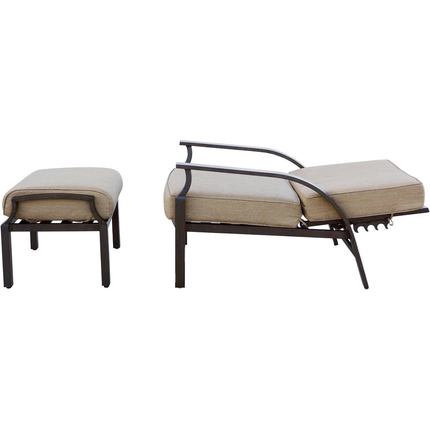 Darlee Brooklyn 5-Piece Patio Adjustable Club Chair and Ottoman Lounge Set with Cushions and 21 Inch Square End Table - Set Reclined - White Background thumbnail