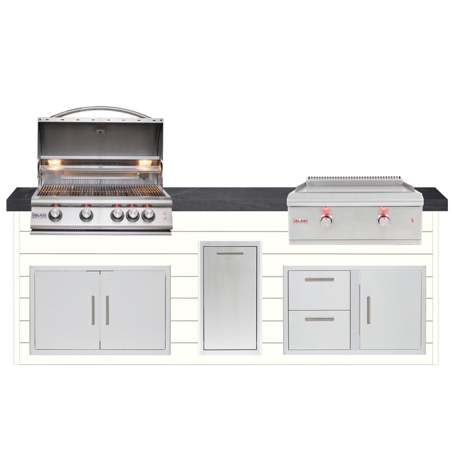 BBQGuys Signature 8ft Luxury Outdoor Island W/ Blaze Premium LTE 32-Inch Propane Grill & LTE 30-Inch Propane Griddle - Canvas White Steel W/ Black Polished Granite