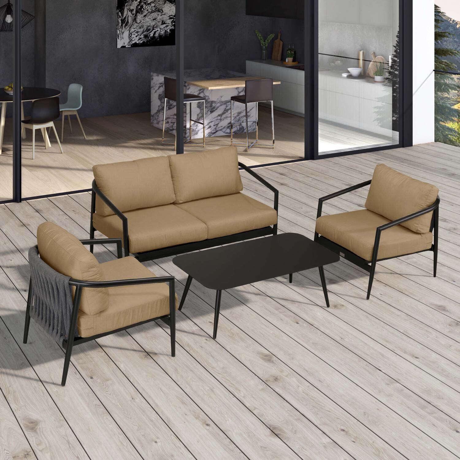 Lakeview Midnight Cove 4 Pc Aluminum Loveseat Seating Set in Black/Carbon/Heather Beige - Top - Lifestyle thumbnail