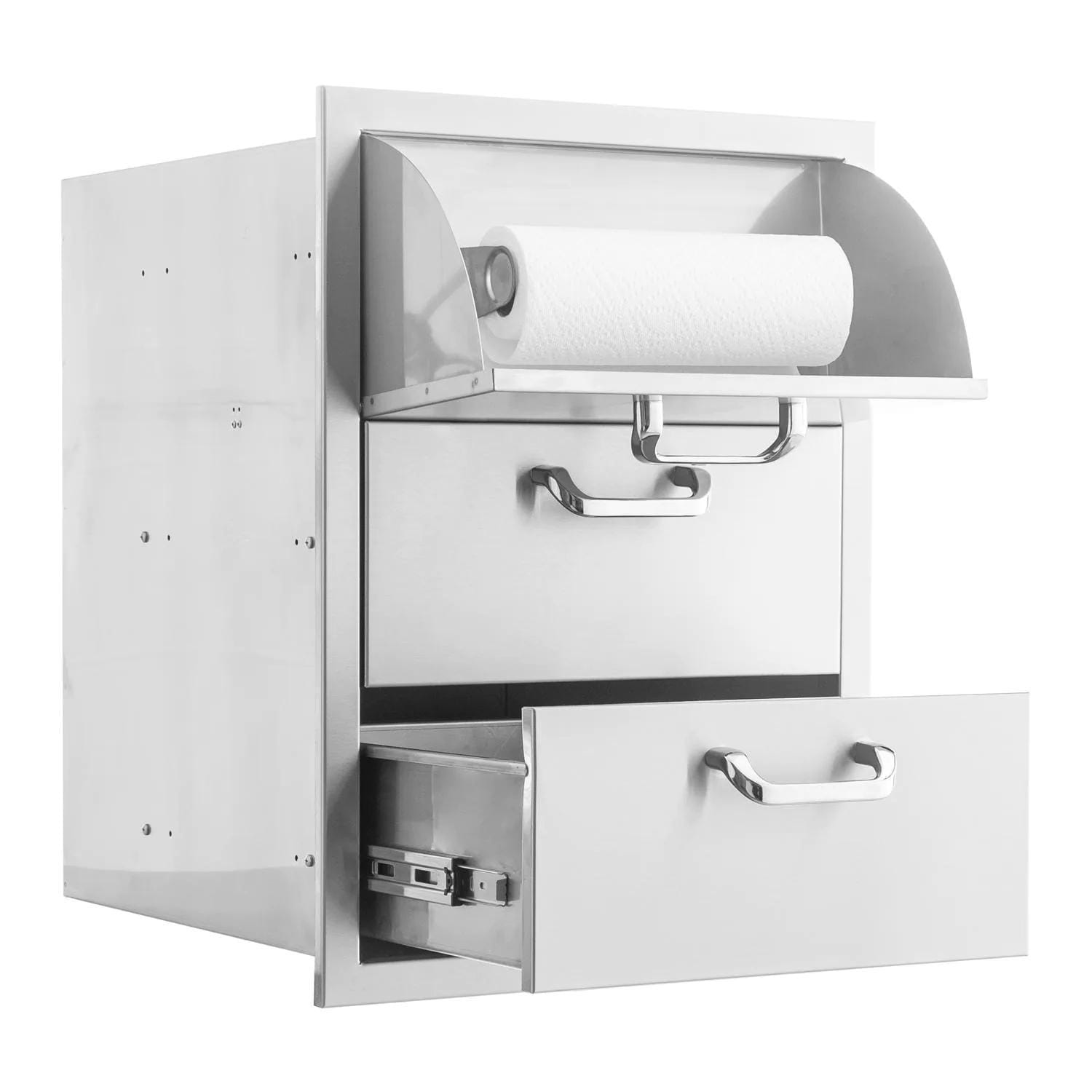 BBQGuys Signature 16-in Contempo/Traditional Stainless Steel Double Access Drawer w/ Paper Towel Dispenser - Traditional Handles - Middle Drawer Closed - White Background thumbnail