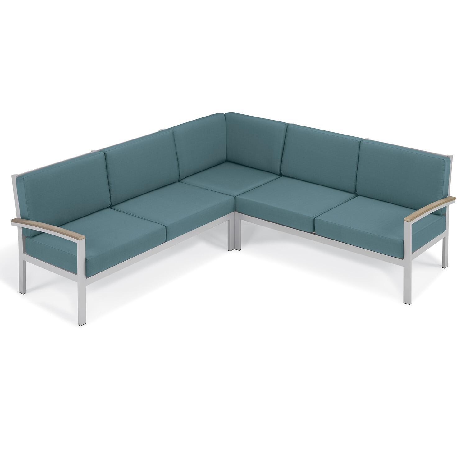 Travira 3 Pc Aluminum Seating Set in Vintage Tekwood/ Ice Blue by Oxford Garden