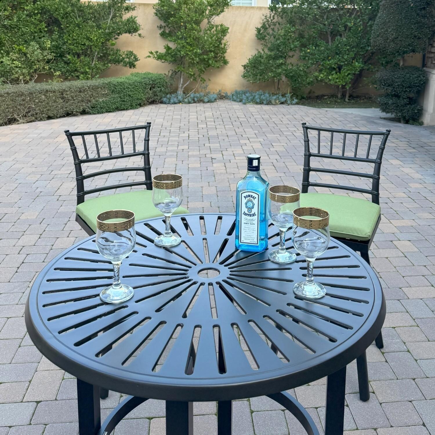 Bella 5 Pc Aluminum Swivel Bar Height Bar Set in Green/Dark Brown by Darlee - 2 Chairs at Table - Lifestyle thumbnail