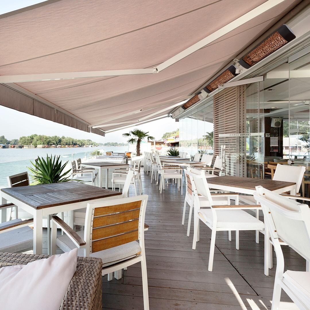 Eurofase EF30480S3 Mason Series 61 Inch 3000 Watt Single Element Marine Grade 480V Electric Patio Heater in Stainless Steel - Waterfront Restaurant - Lifestyle