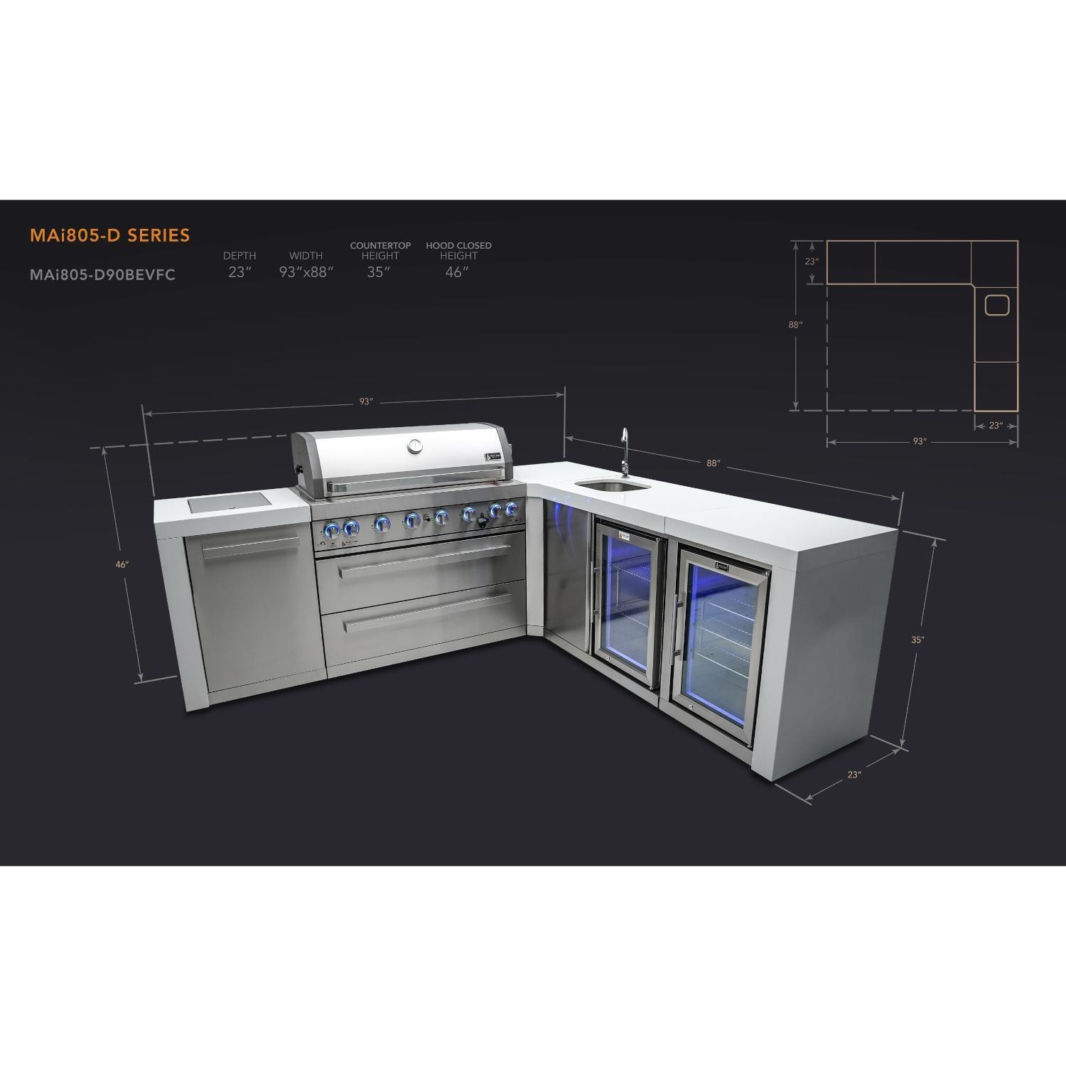 Mont Alpi 805 Deluxe Natural Gas Island w/ 90 Degree Corner, Beverage Center & Fridge Cabinet (Ships Propane w/ Conversion Kit) - Dimensions - Dimensional thumbnail