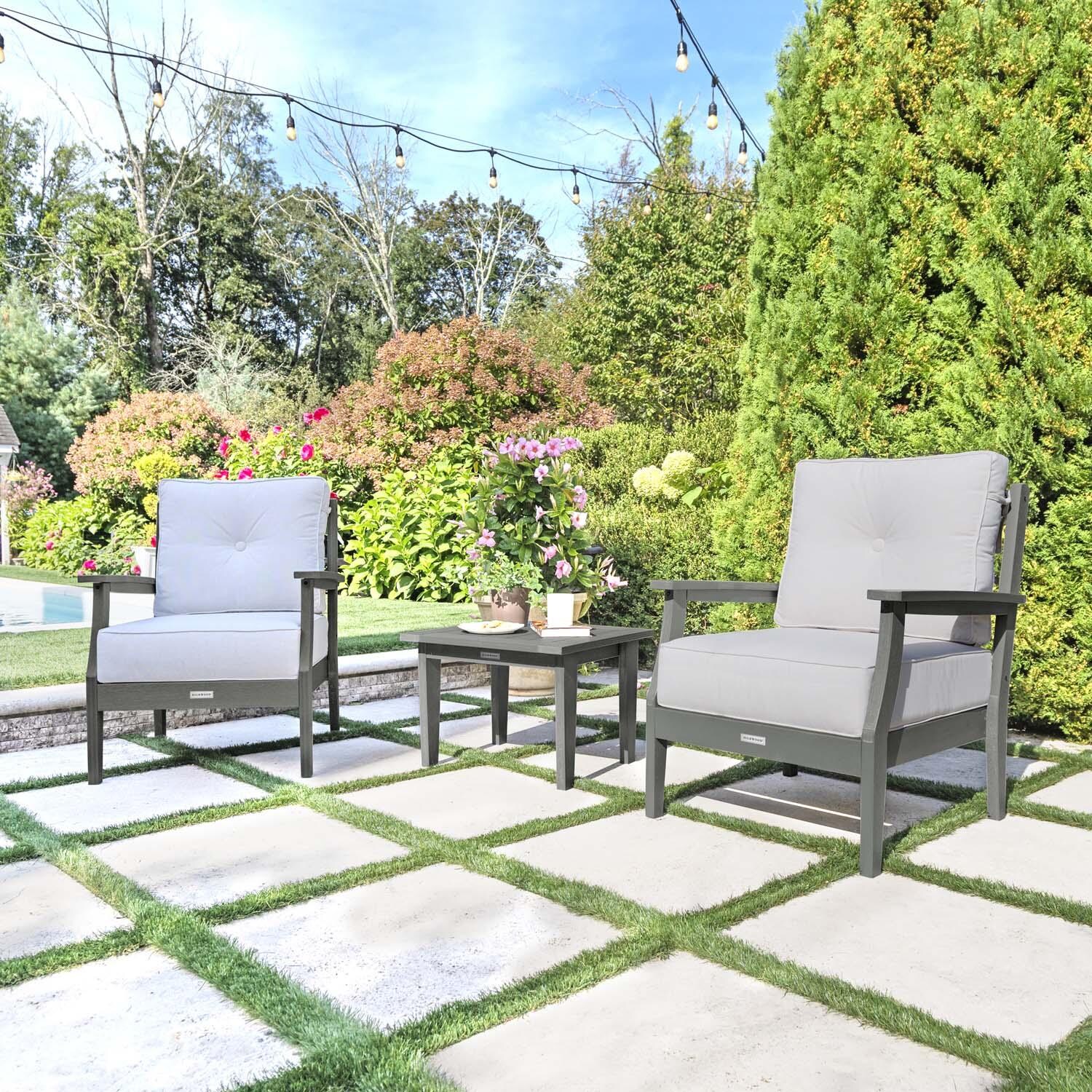 Blushing Bay 3 Pc Recycled Plastic Seating Set in Bliss Linen/Coastal Teak by Lakeview Outdoor Designs - Angled Right - Lifestyle thumbnail