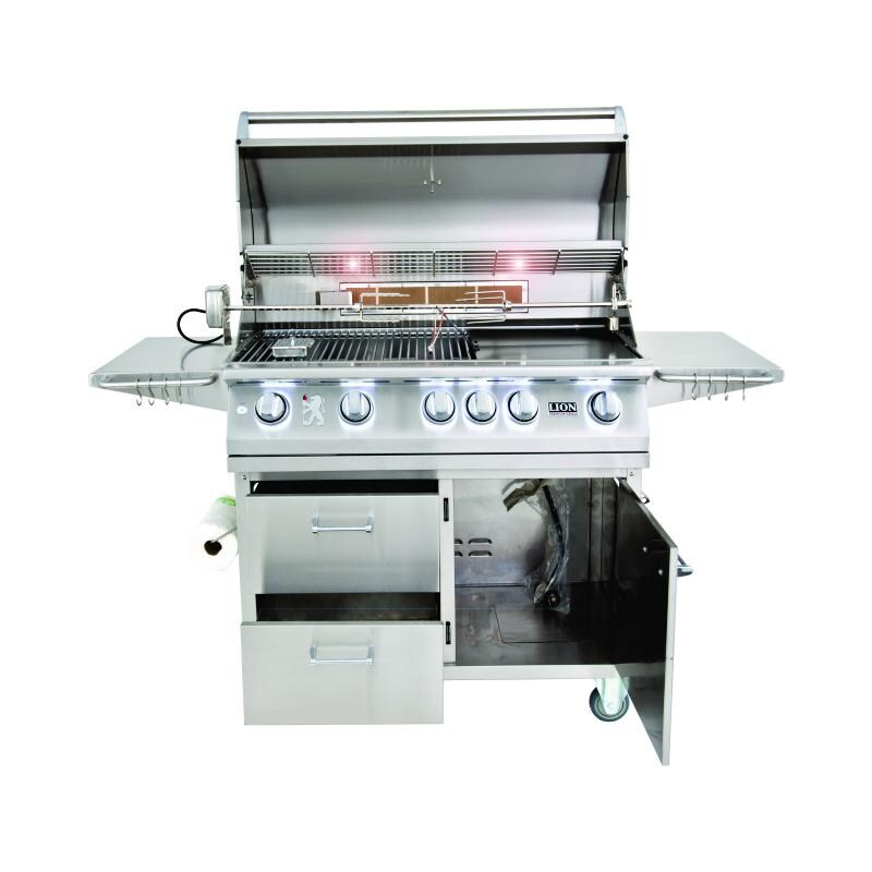 Lion 40-Inch L90000 Stainless Steel Propane Gas Grill On Cart - Lid and Drawers Open Lights On - White Background thumbnail