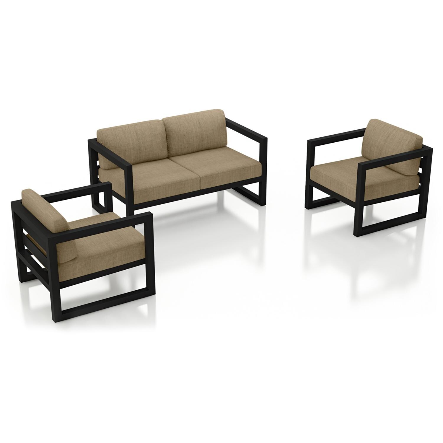 Lakeview MSTYCV-BK-3LSS-HB Misty Cove 3 Pc Aluminum Seating Set in Black w/Loveseat & Heather Beige Cushions by Lakeview Outdoor Designs - Set Angled View - White Background thumbnail