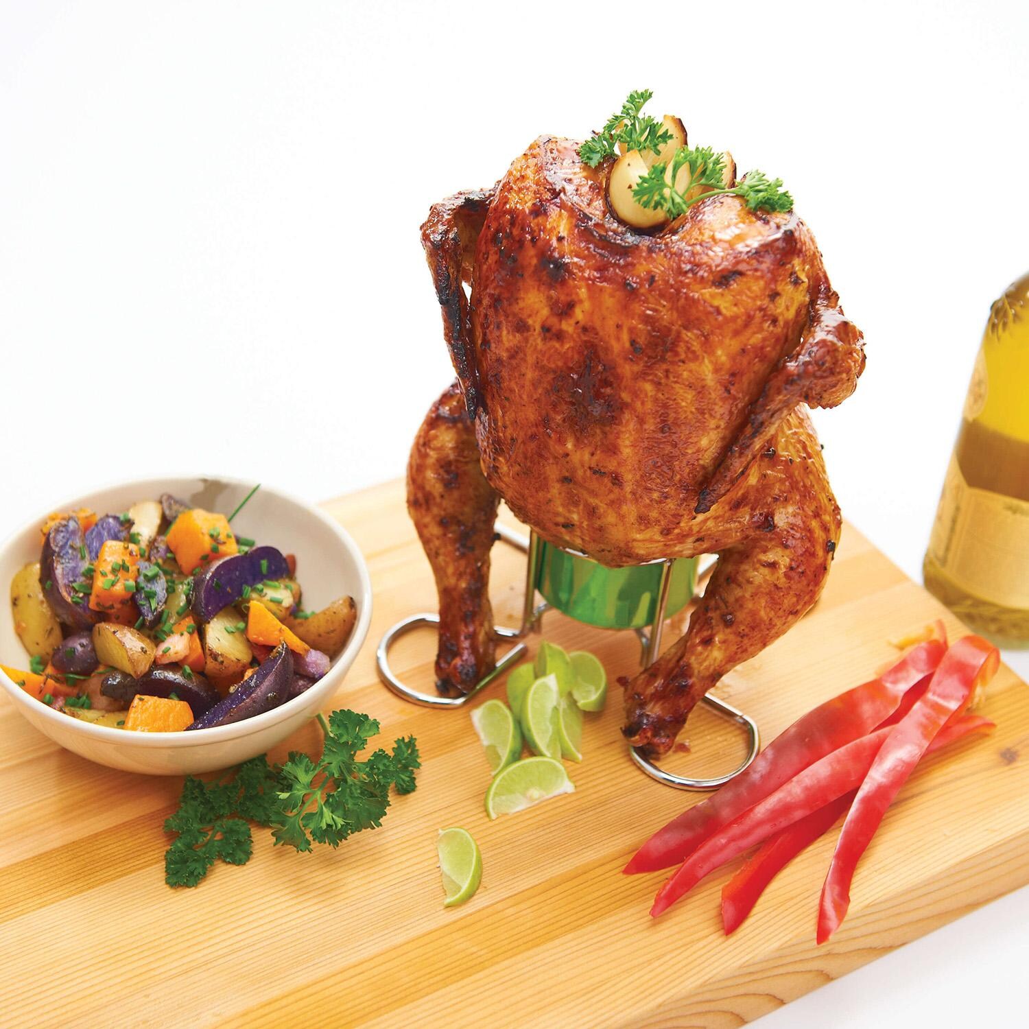 GrillPro Chrome Wire Chicken Roaster - 41331 - On Board - White Background thumbnail