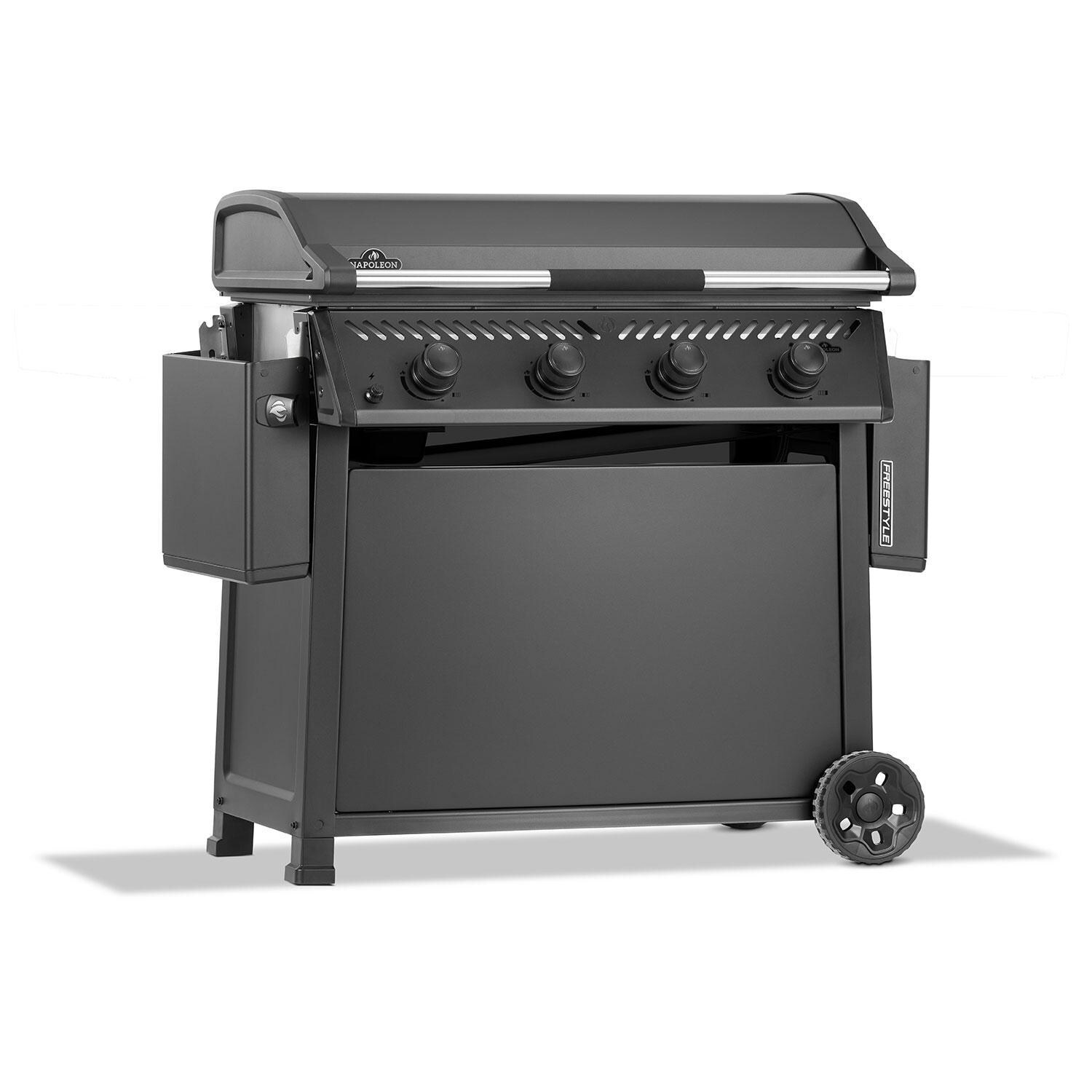 Napoleon F36FTPMK Freestyle 36-in 4 Burner Propane Flat Top Grill w/ Cooktop - Lid Down w/ Side Shelves Folded - Angled Right - White Background thumbnail