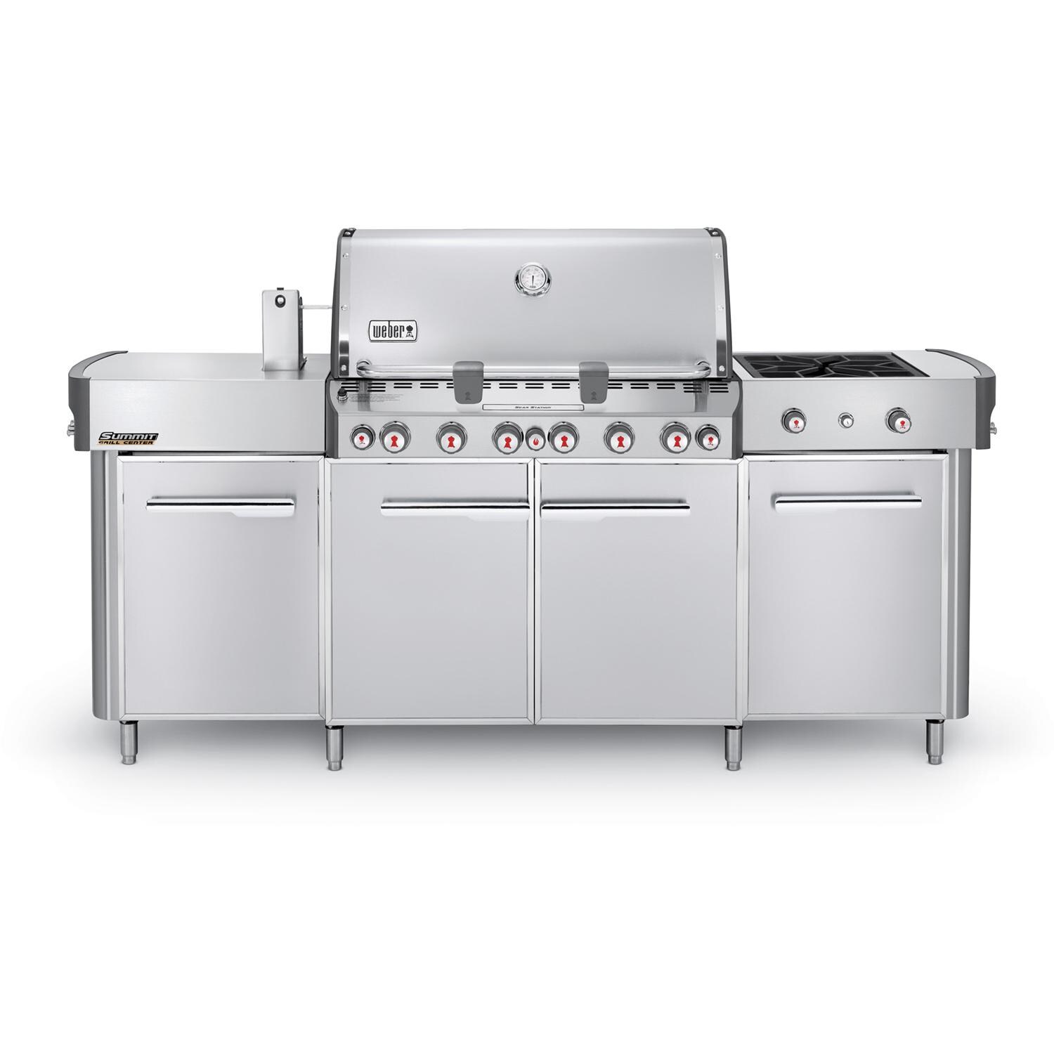 Weber Summit Grill Center Freestanding Natural Gas Grill - Stainless Steel - Front View With Rotisserie Motor Up & Side Burner Open thumbnail