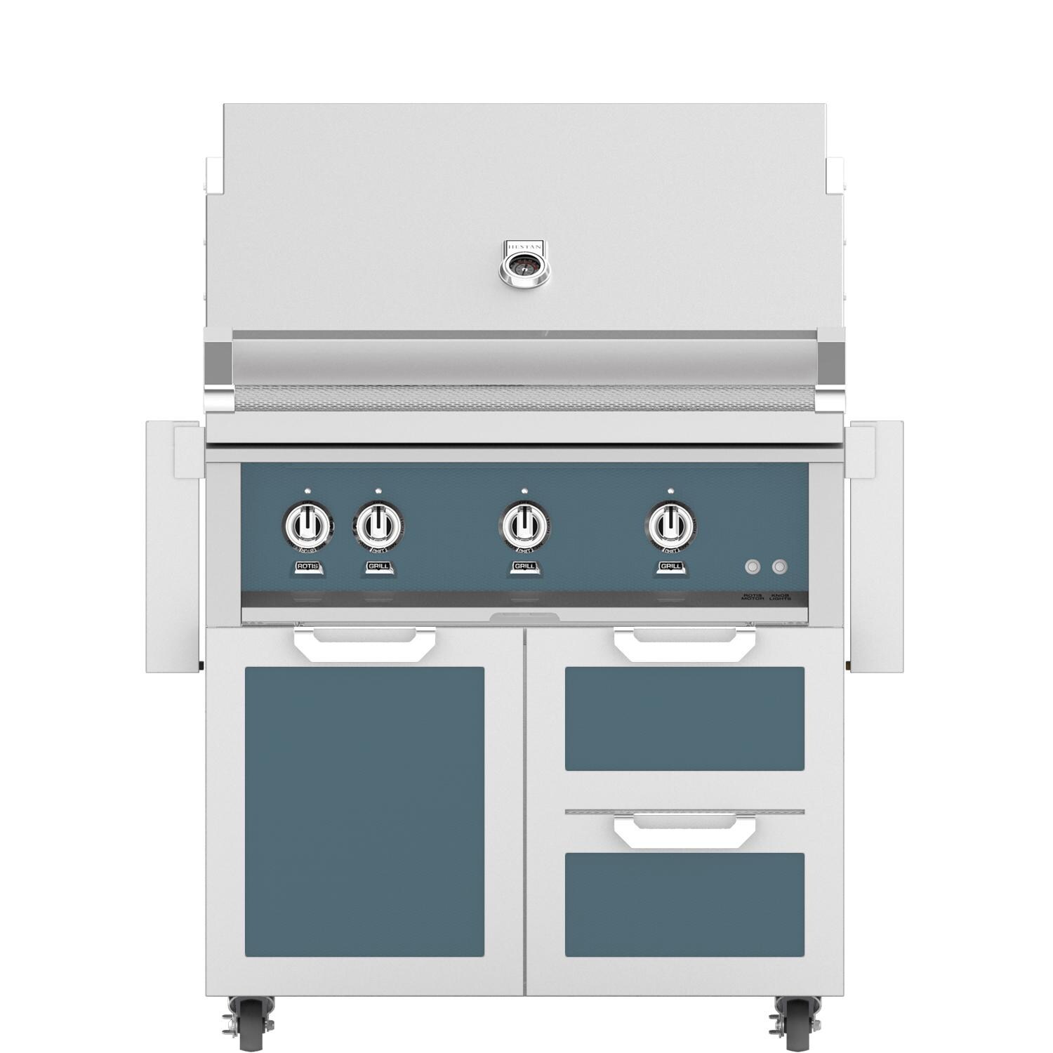 Hestan 36-Inch Freestanding Propane Gas Grill W/ Sear Burner & Rotisserie On Double Drawer & Door Tower Cart - Pacific Fog - GMBR36-LP-GG thumbnail