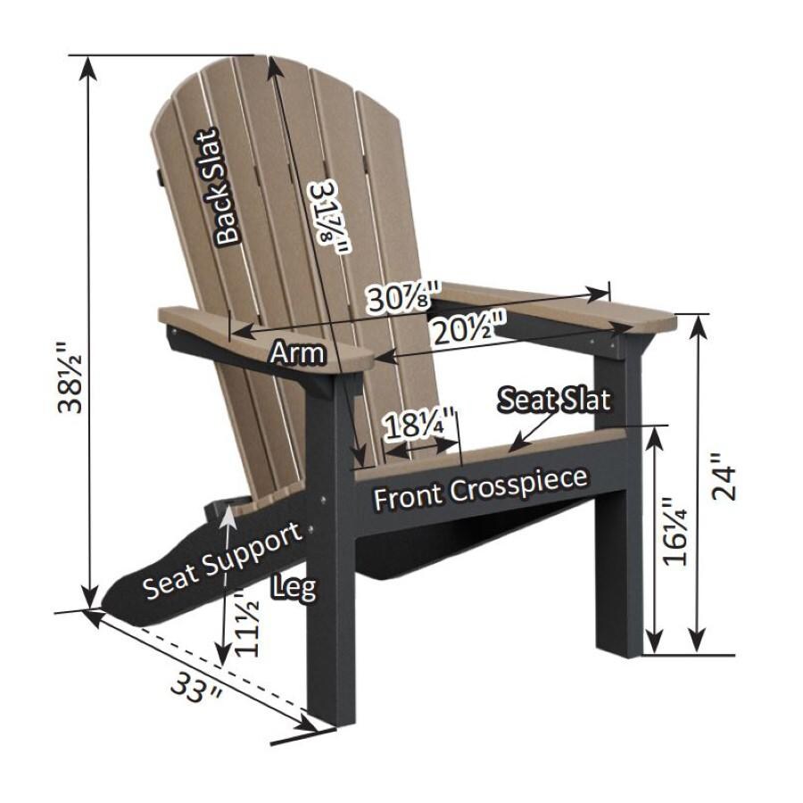 Berlin Gardens Comfo Back Stationary Adirondack Chair - Weatherwood on Chocolate Brown - Product Dimensions thumbnail