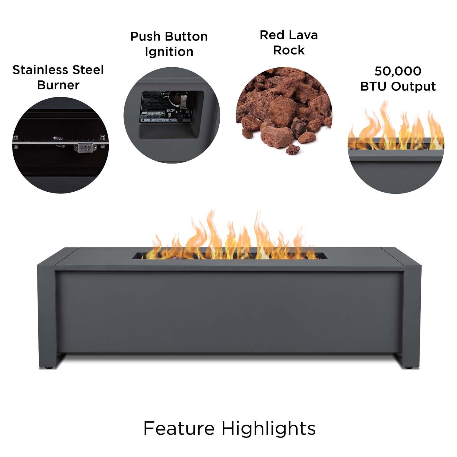 Lafitte 52 Inch Rectangular Cast Aluminum Propane Fire Pit Table in Gray by Lakeview Outdoor Designs - Features thumbnail