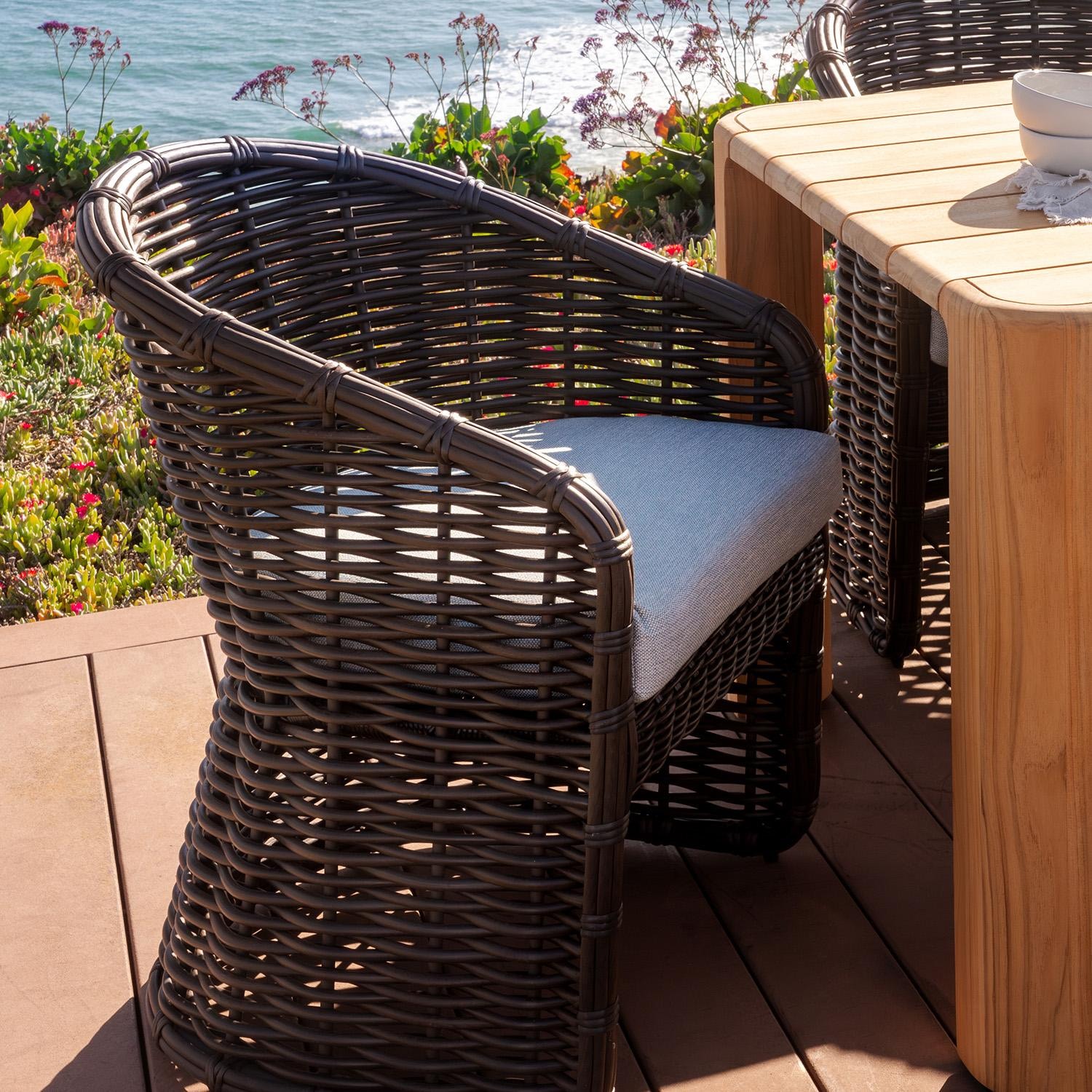 Sunset West Cabo Resin Wicker Dining Arm Chair in Kahlua/Soothe Pearl by - SW8001-1-PRL-STKIT