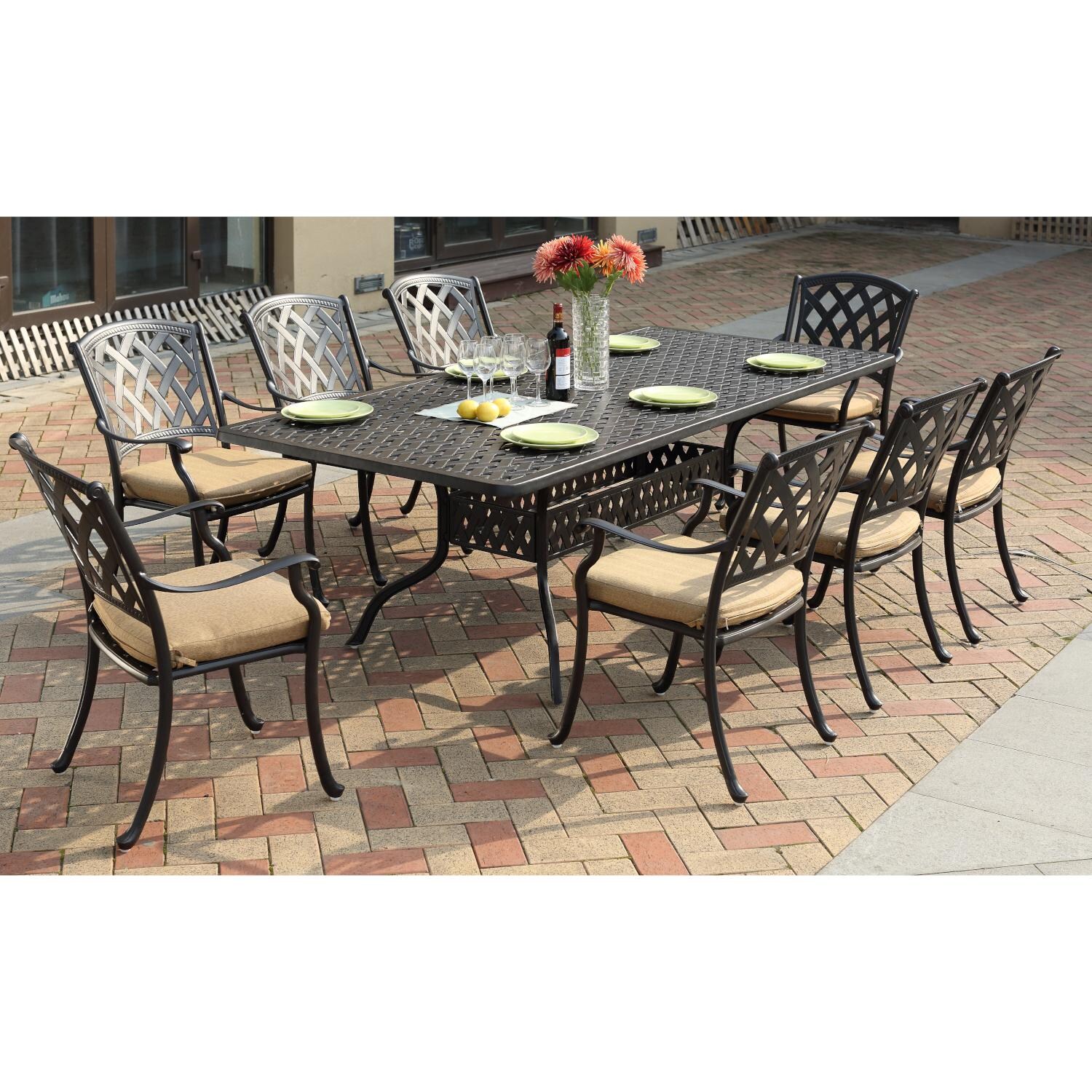 Darlee 201630-9PC-30SLD Ocean View 9 Piece Cast Aluminum Patio Dining Set W/ 92 X 42 Inch Rectangular Table & Sesame Cushions - Lifestyle thumbnail