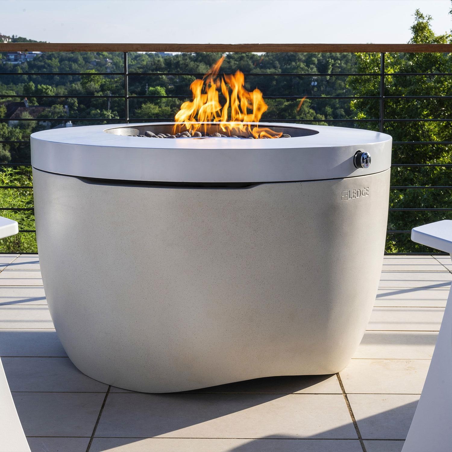 Halo LL-FL-FP-PR-RD40-SNS 40-in Round Powder Coated Steel Propane Fire Pit in Sunset by Ledge Lounger - On - Shown in Moonrise finish - Lifestyle thumbnail