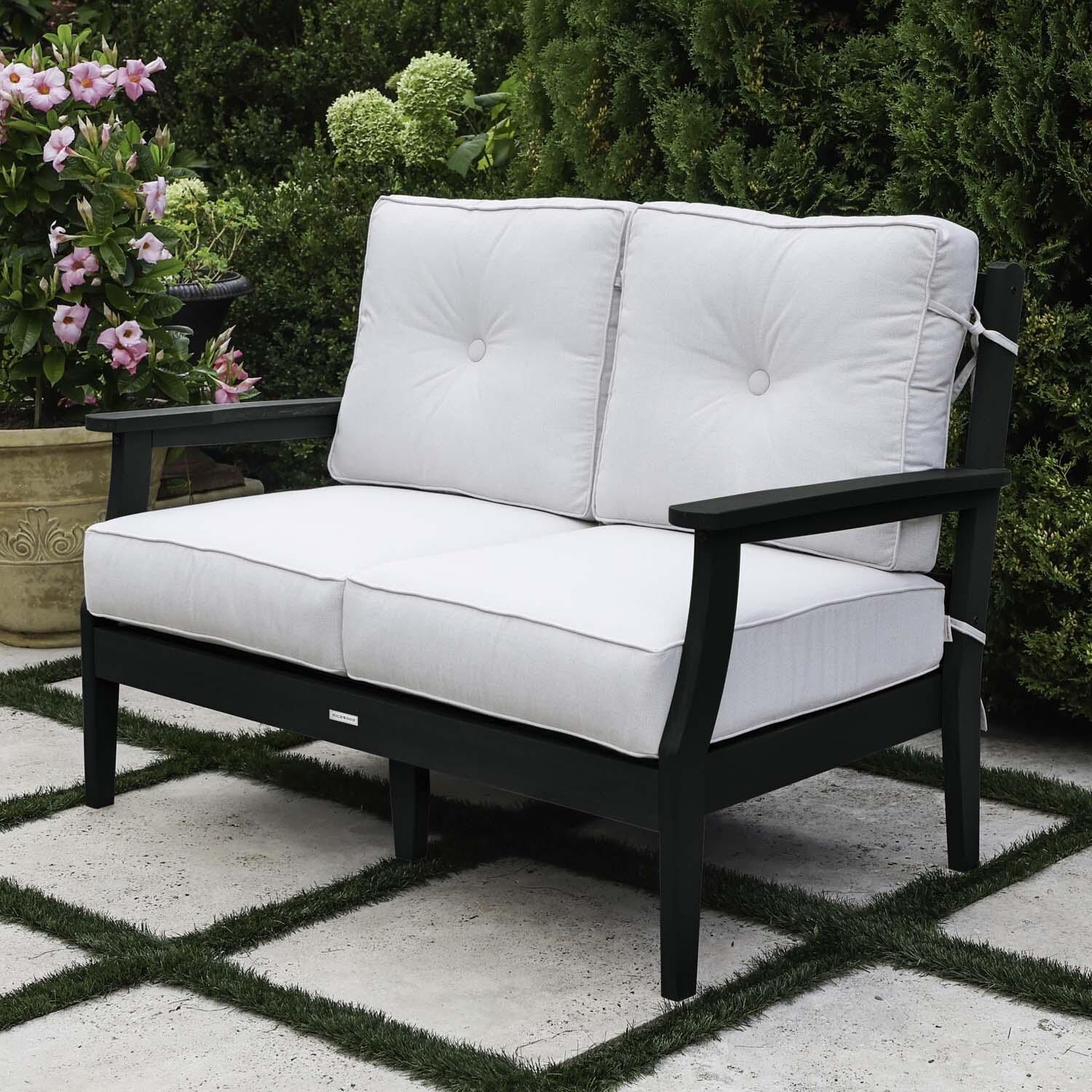 Blushing Bay 2 Person Recycled Plastic Loveseat in Bliss Linen/Black by Lakeview Outdoor Designs - Right Angled - Lifestyle thumbnail