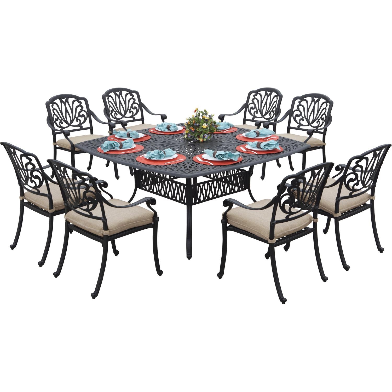 Elisabeth 9 Pc Cast Aluminum Dining Set w/ 64 Inch Table in Antique Bronze/Beige by Darlee