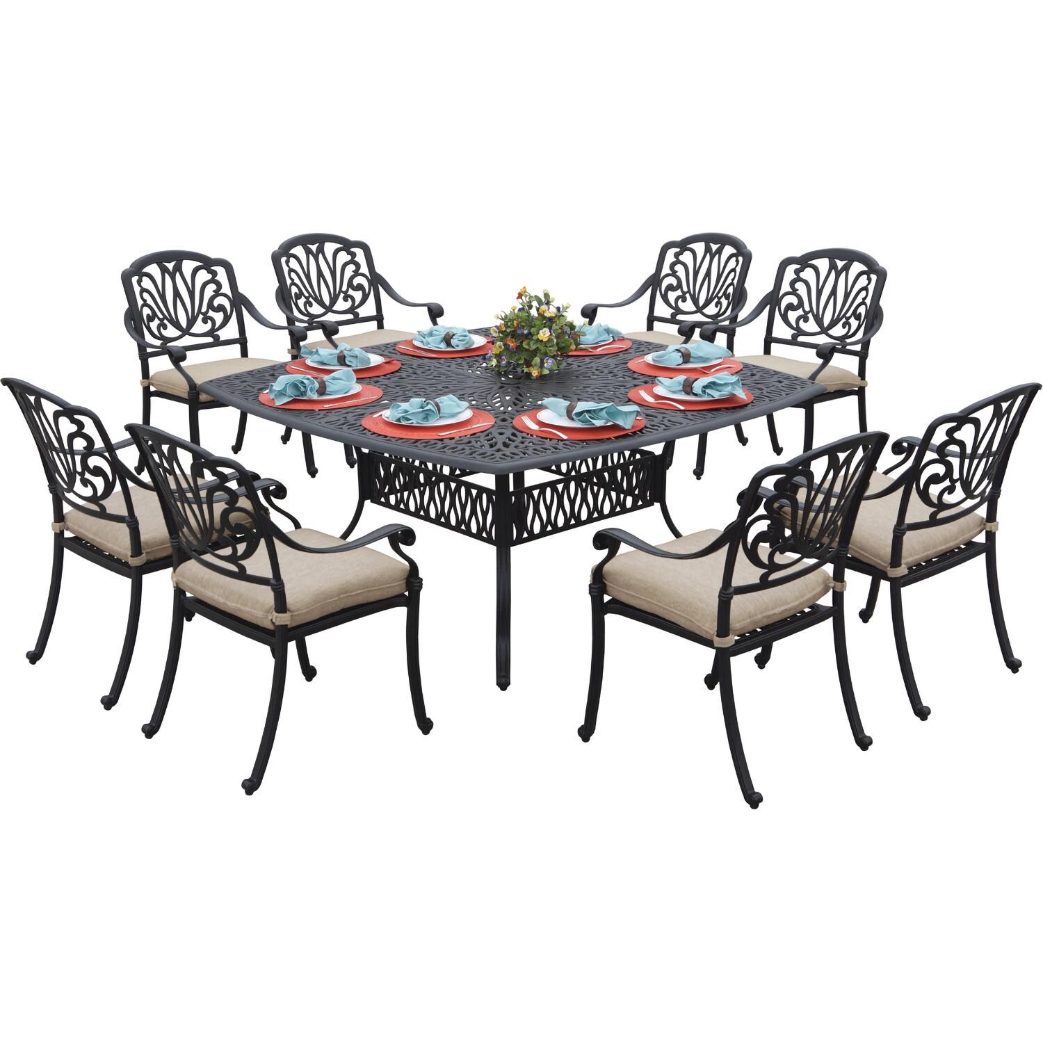 Elisabeth 9 Pc Cast Aluminum Dining Set w/ 64 Inch Table in Antique Bronze/Beige by Darlee
