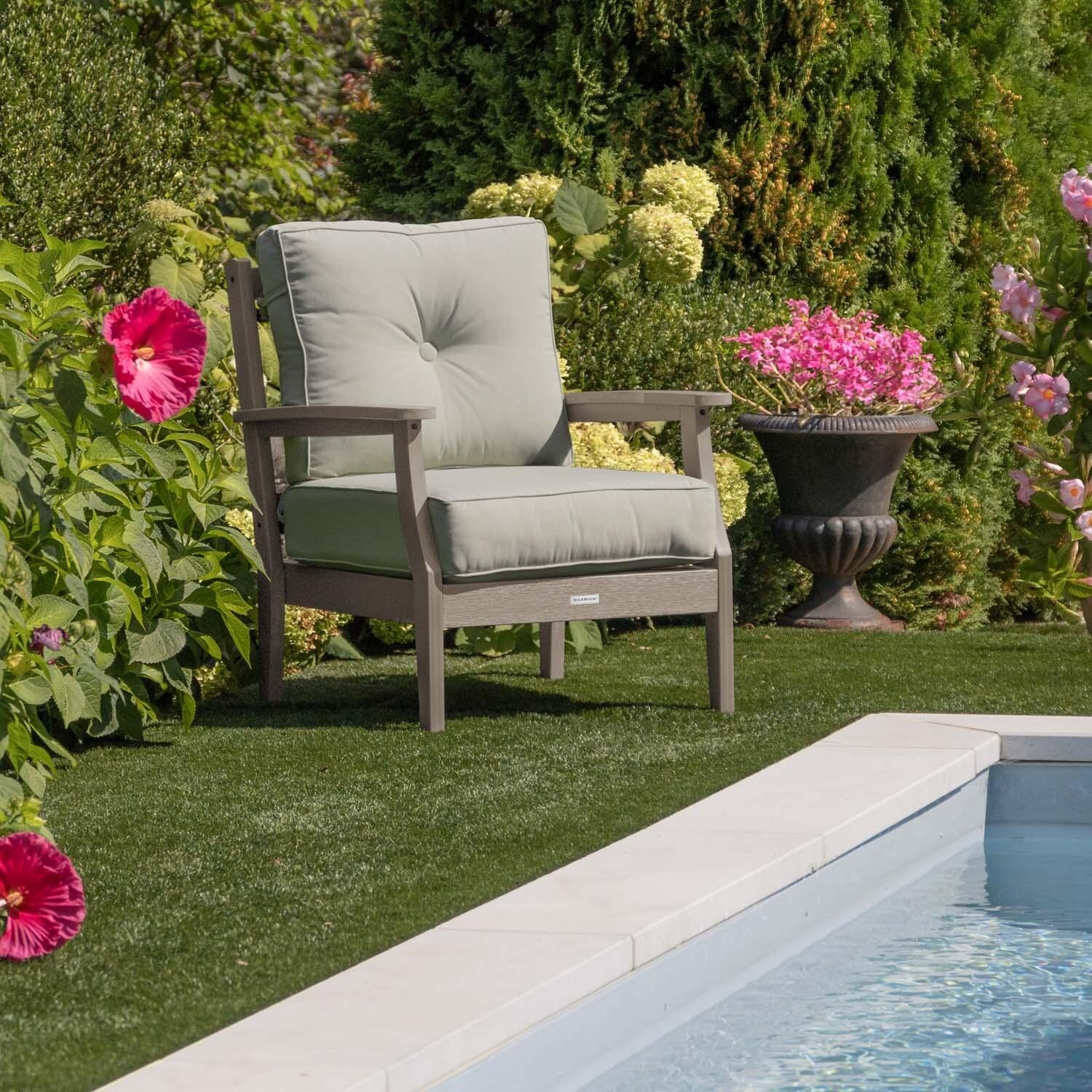 Blushing Bay Recycled Plastic Club Chair in Canvas Seasalt/Woodland Brown by Lakeview Outdoor Designs - In Garden - Lifestyle thumbnail