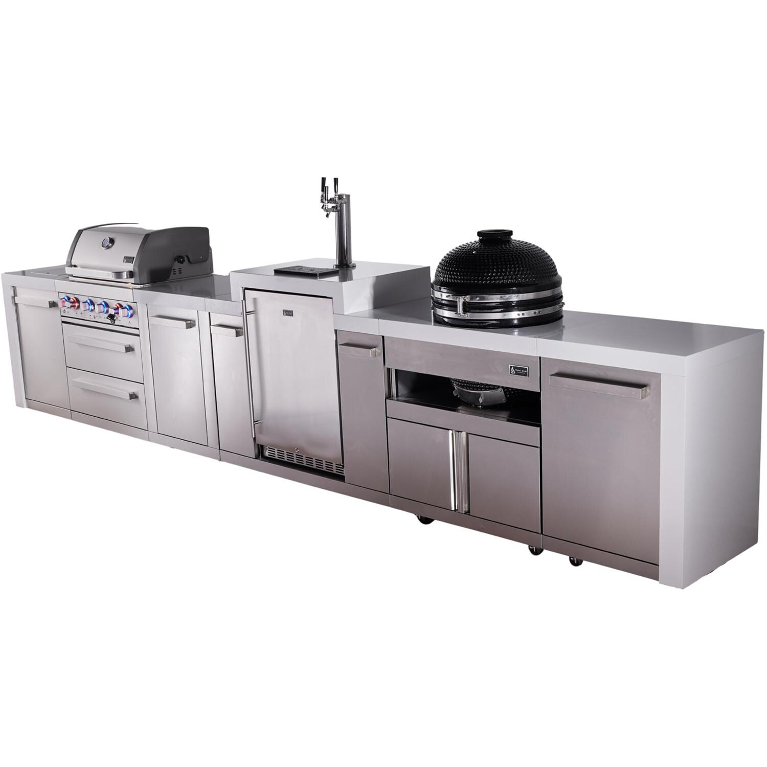 Mont Alpi Deluxe Series 15 Ft Natural Gas Outdoor Kitchen Island w/ 32-in Grill, Side Burner, Kegerator, Kamado Module & Extra Door (Ships Propane w/ Conversion Kit) - Angled Right - White Background thumbnail