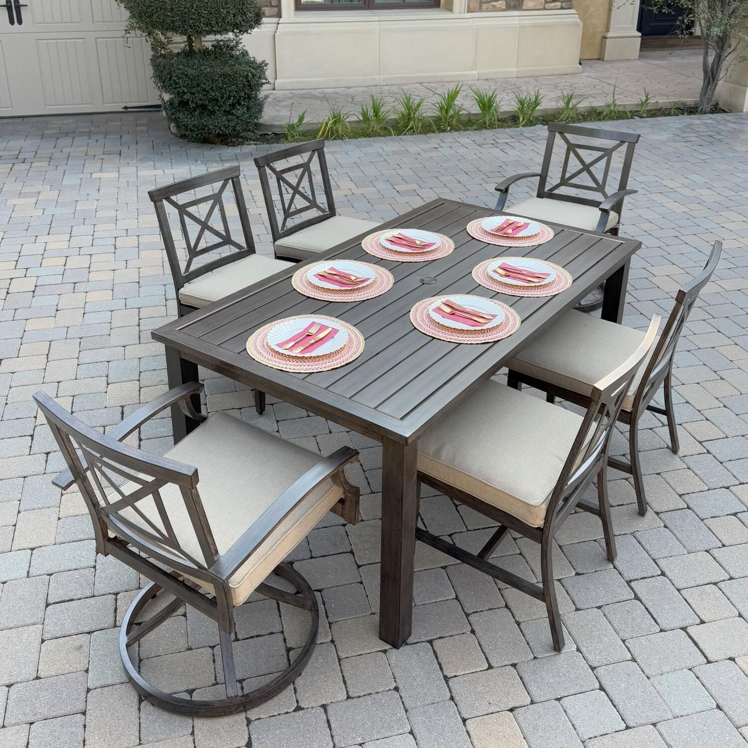 Atlantis 7 Pc Aluminum Dining Set w/ 4 Dining Side Chairs & 2 Swivel Rocker Dining Arm Chairs in Walnut/Beige by Darlee