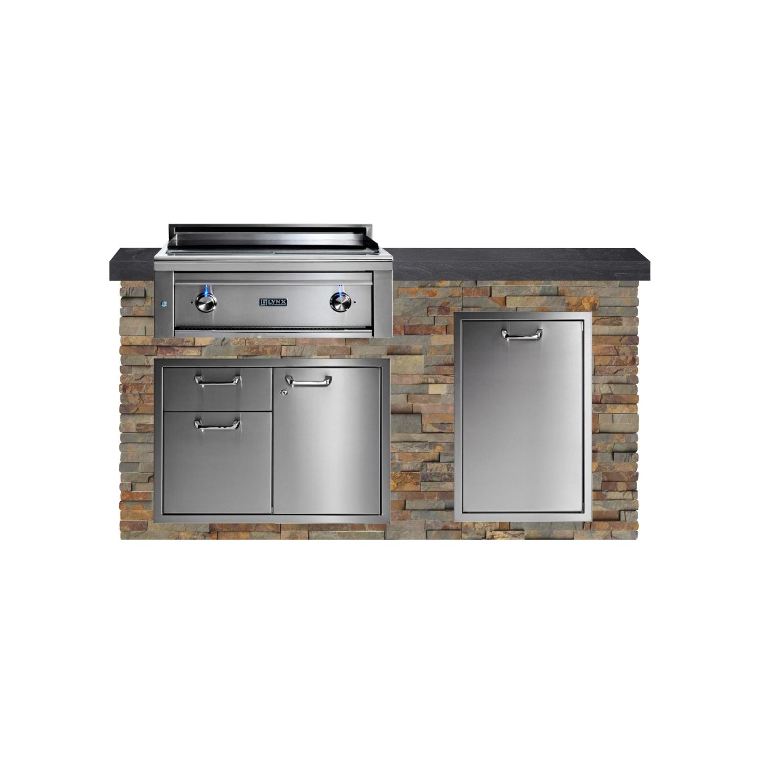 BBQGuys Signature 6ft Luxury Outdoor Kitchen w/ Lynx Professional 30-Inch Propane Asado Grill - Gold Rush Stone w/ Black Polished Granite