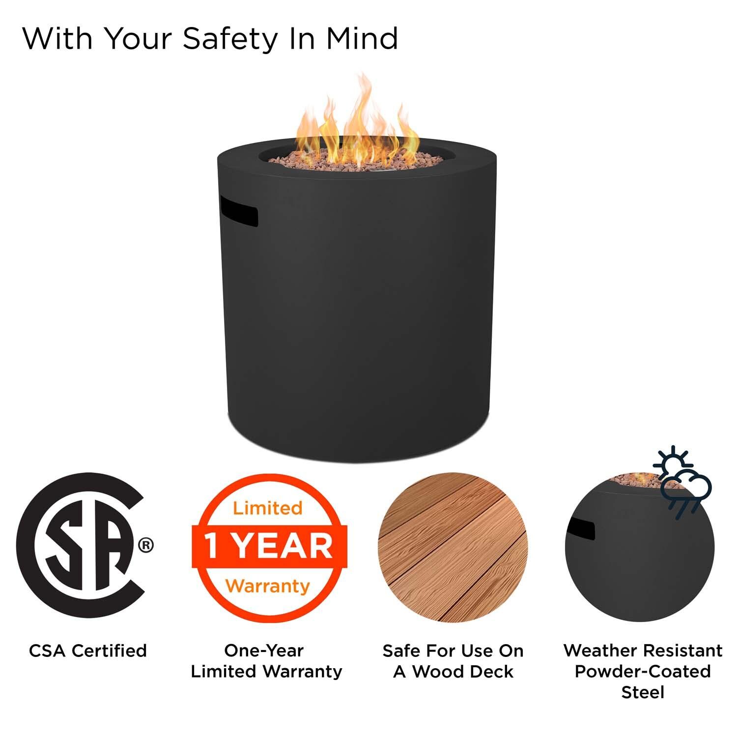 Elysian 24 Inch Round Powder Coated Steel Propane Fire Pit Table in Black by Lakeview Outdoor Designs - Safety thumbnail