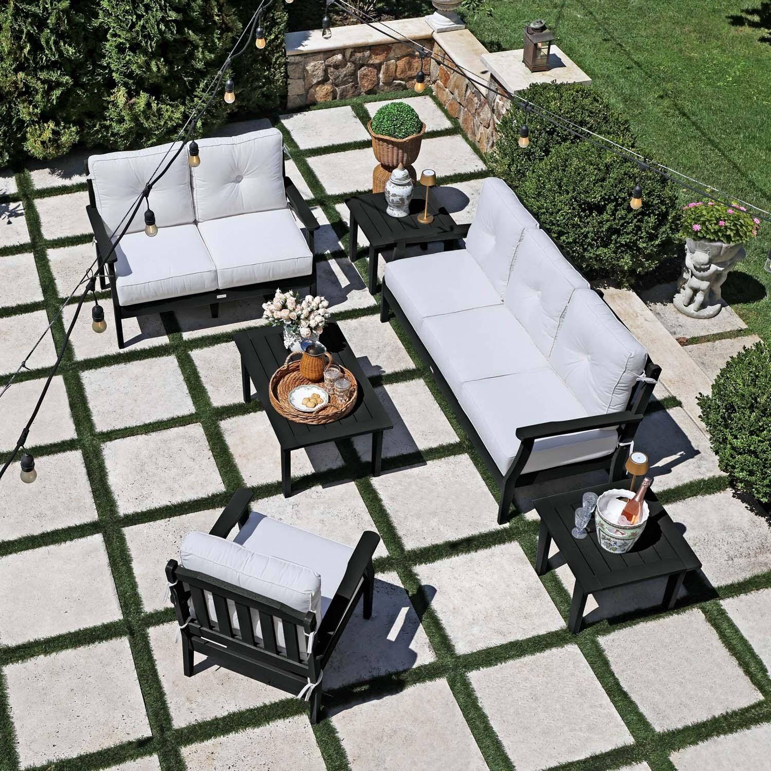 Blushing Bay 6 Pc Recycled Plastic Grand Seating Set in Bliss Linen/Black by Lakeview Outdoor Designs - Top View - Lifestyle thumbnail
