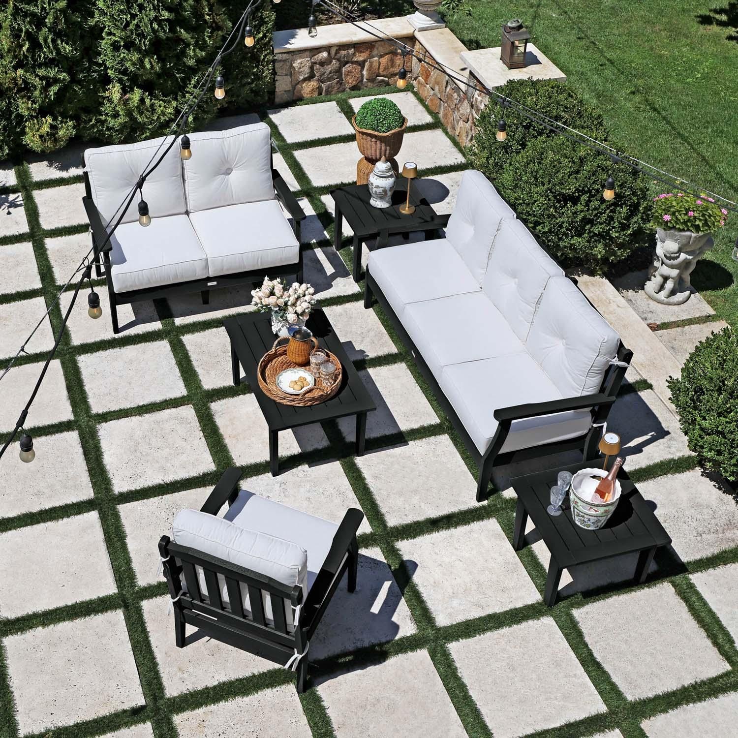 Blushing Bay 6 Pc Recycled Plastic Grand Seating Set in Bliss Linen/Black by Lakeview Outdoor Designs - Top View - Lifestyle thumbnail
