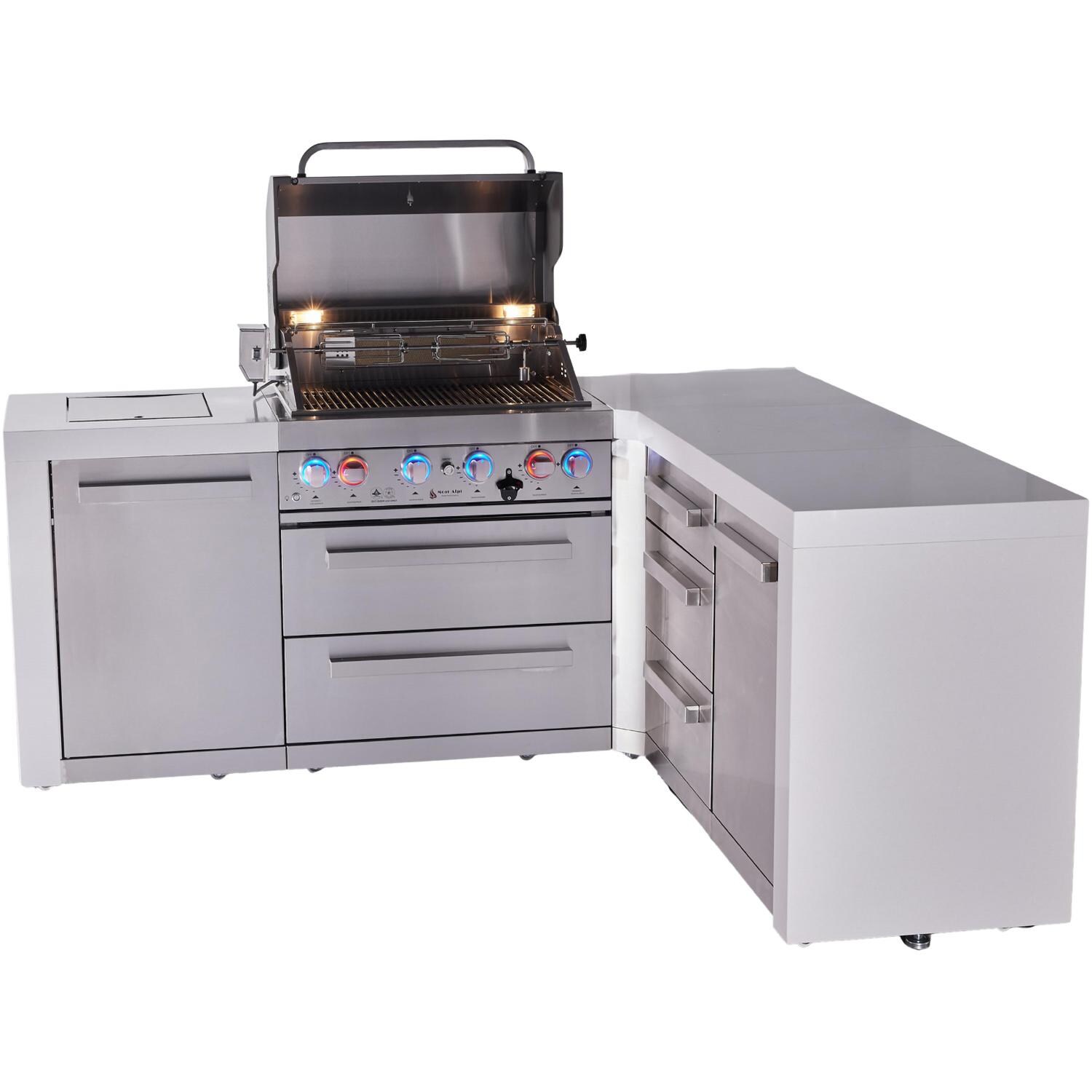 Mont Alpi Deluxe Series 7 Ft L-Shaped Natural Gas Outdoor Kitchen Island w/ 32-in Grill, Side Burner & Triple Drawer (Ships Propane w/ Conversion Kit) - Grill Open - White Background thumbnail