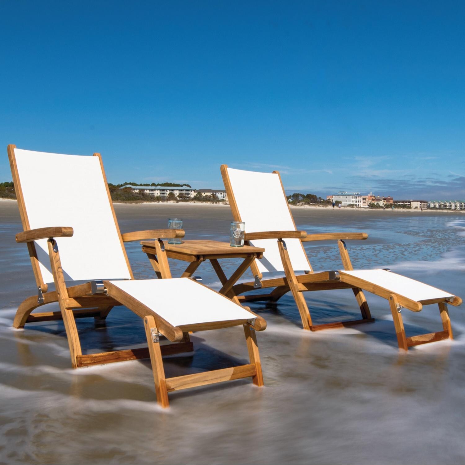 Royal Teak Collection Steamer Teak Patio Chaise Lounge W/ White Sling - On the Beach thumbnail