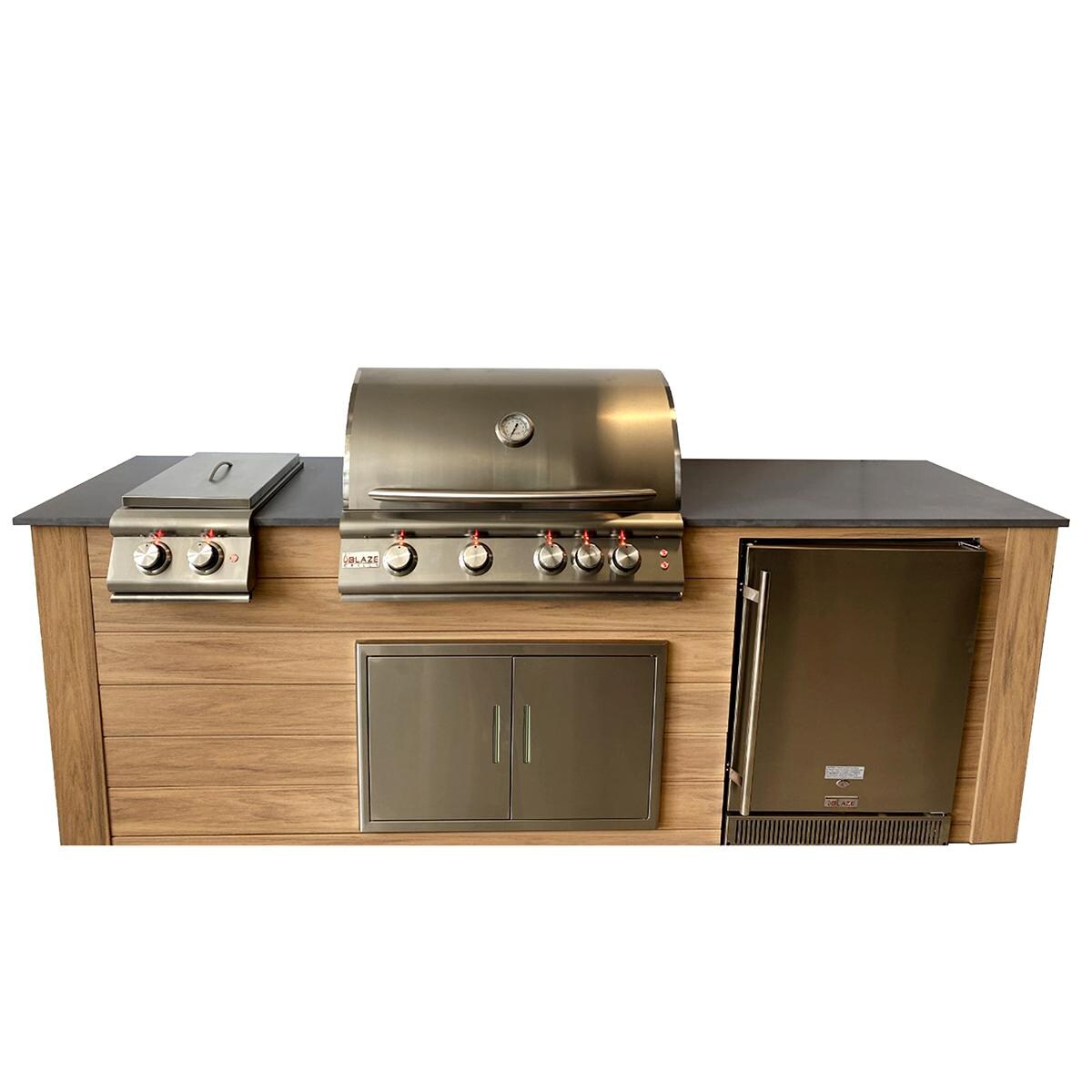 Pro-Fit 8-Foot Outdoor Kitchen Island W/ BLZ-4LTE2-NG Blaze Premium LTE 32-Inch Natural Gas Grill, Double Side Burner & Refrigerator - Golden Cypress / Grigio Piombo Satin thumbnail
