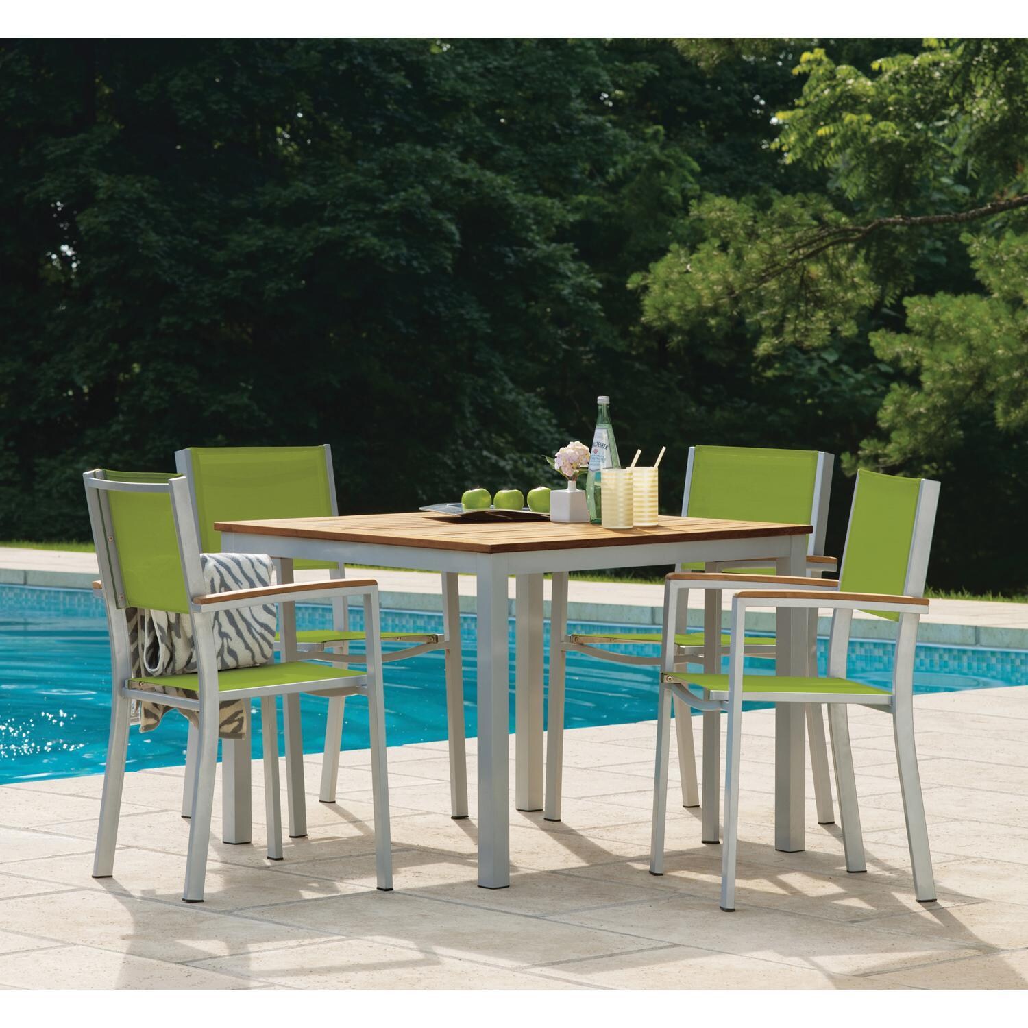 Oxford Garden Travira 4 Pc Composite Sling & Aluminum Dining Chair W/ Natural Tekwood Arm Caps in Flint/Go Green - Poolside Dining thumbnail