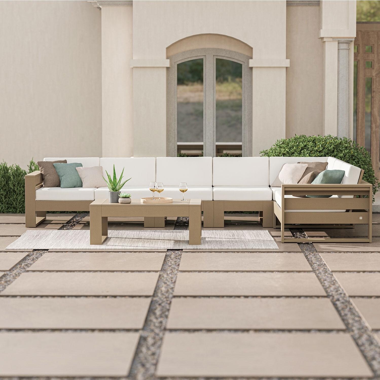 Latitude 4 Person Sectional Sofa in Vintage White/Ash Charcoal By PW Designer Series - Shown in Vintage Sahara/Dune Burlap Finish - Backyard - Front View - Lifestyle thumbnail