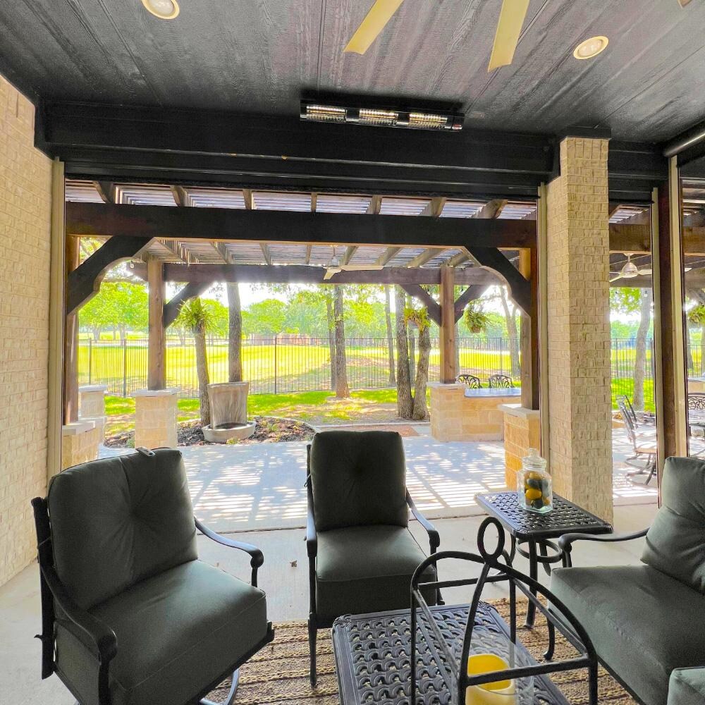 RADtec T6000/18R2 Torrid Series 77-in 6000W Electric Infrared Patio Heater - Patio, Turned Off - Lifestyle thumbnail