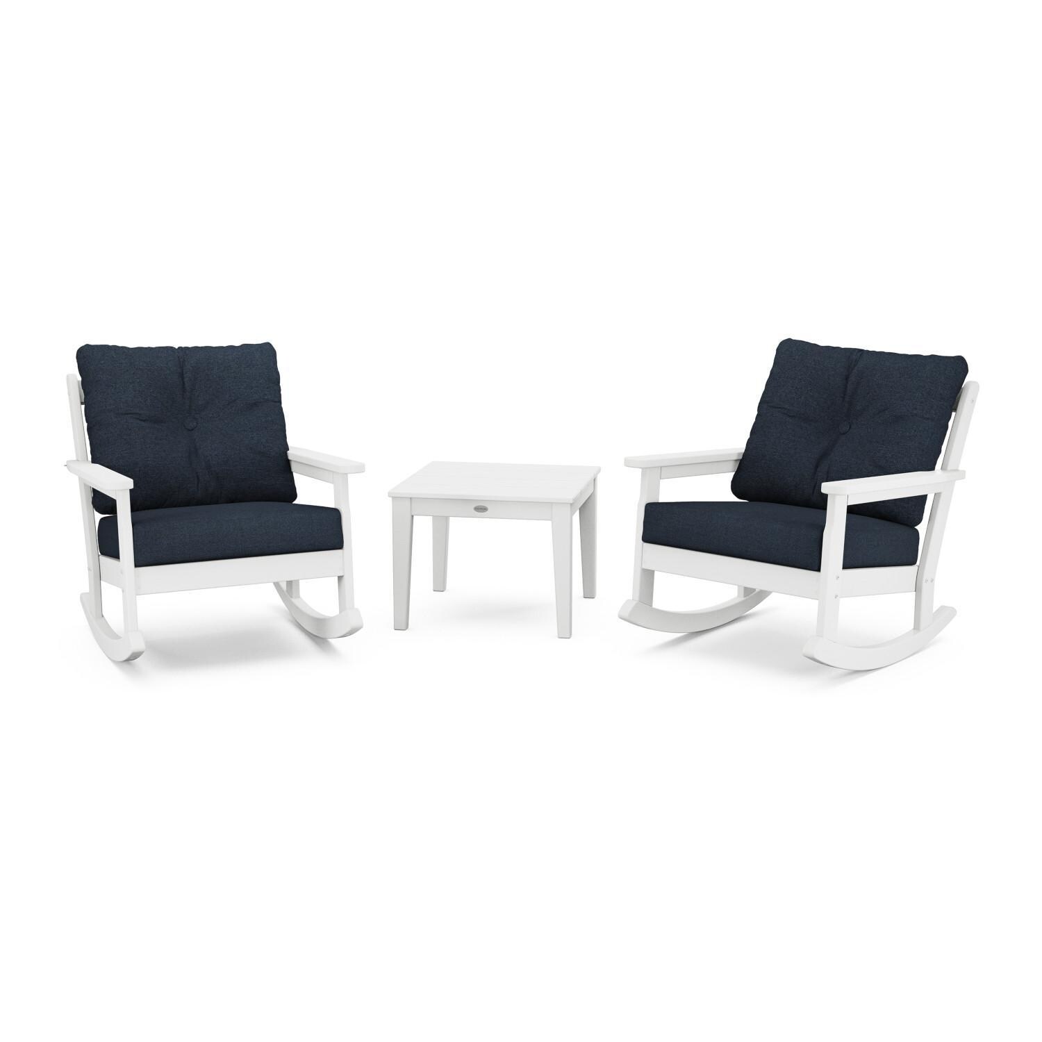Vineyard 3 Pc Recycled Plastic Rocking Chair Set in White/Marine Indigo by POLYWOOD