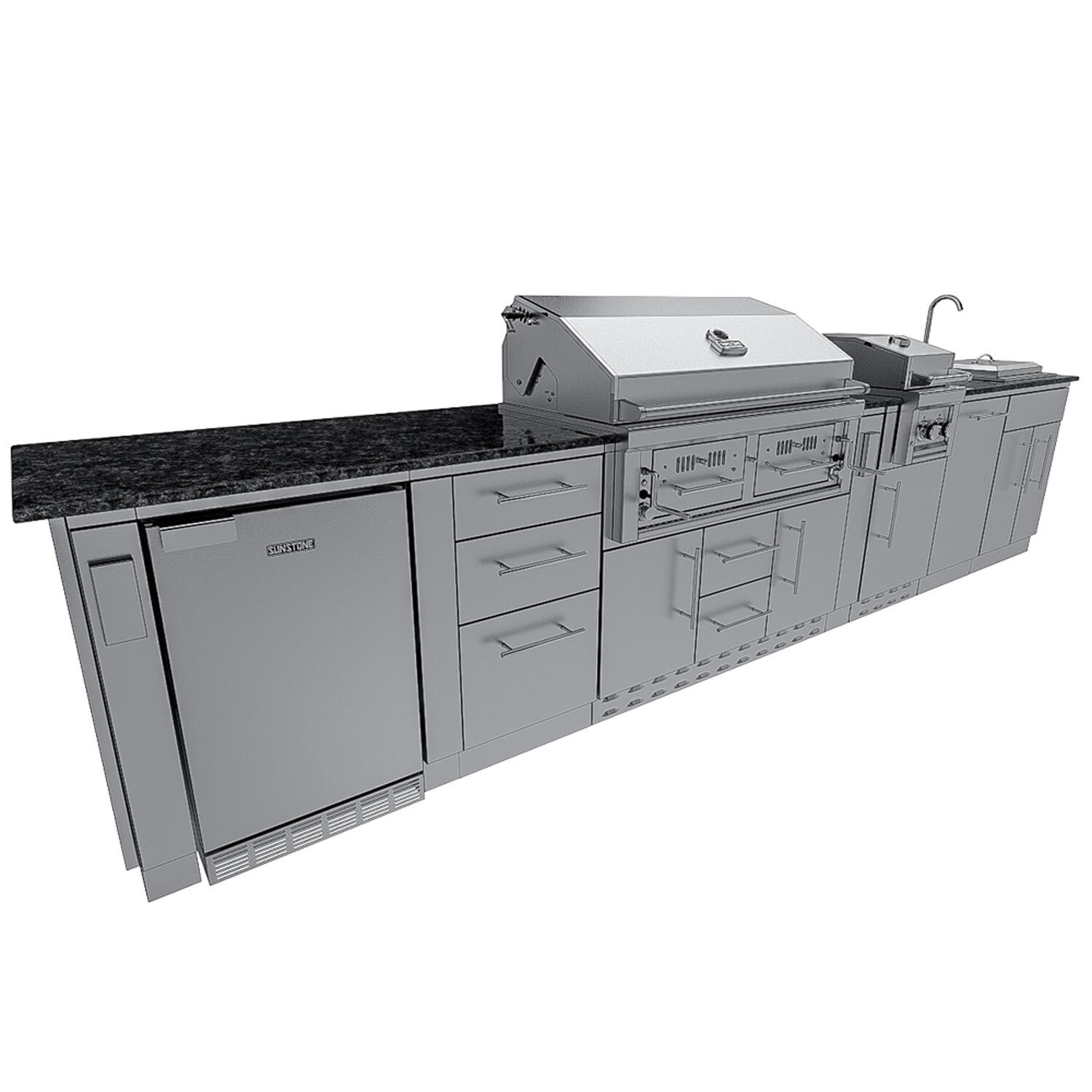 Sunstone Grills SCPDALLAS14-NG Dallas 14 Ft Outdoor Kitchen Island w/ Natural Gas Grill & Side Burner, Sink, Refrigerator, Trash Bin, Door & Drawer - Angle - White Background thumbnail