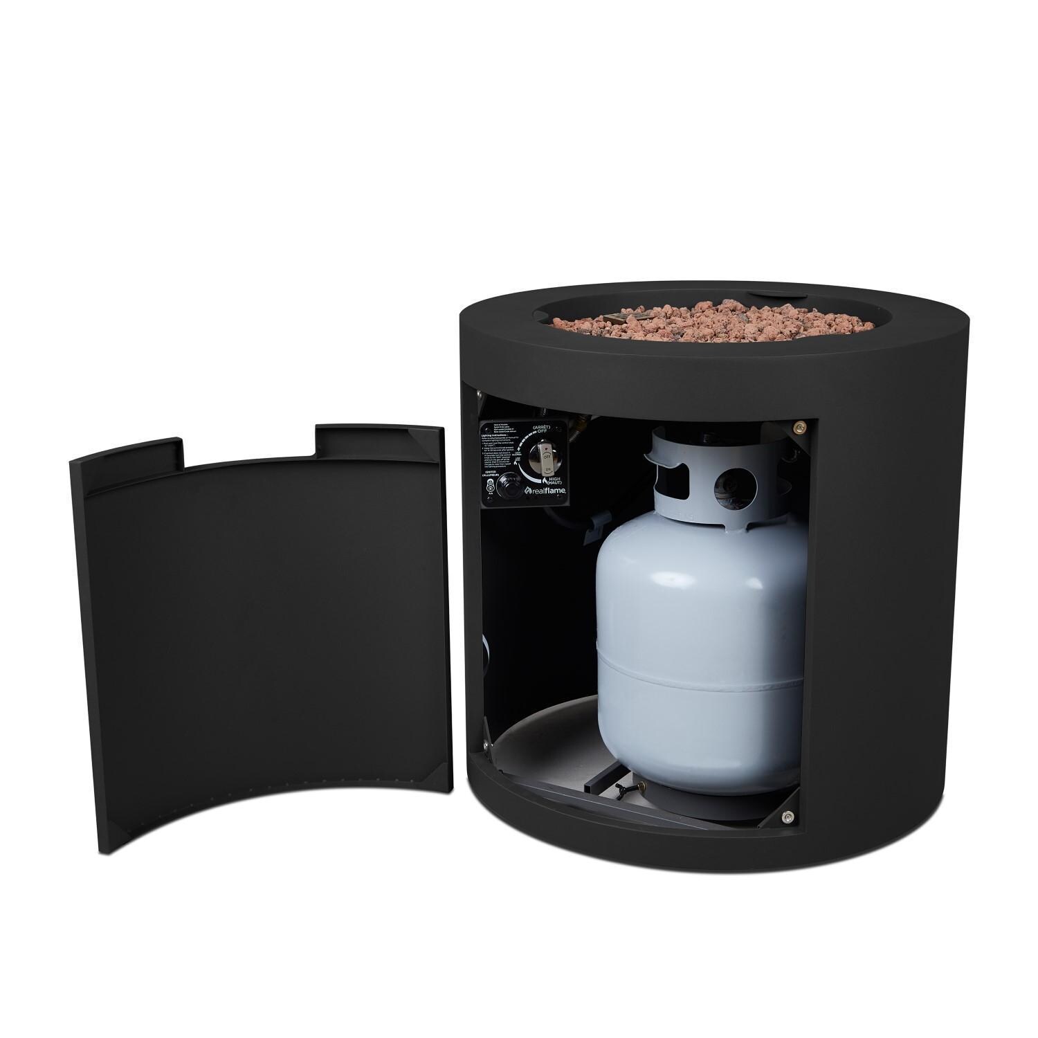 Elysian 24 Inch Round Steel Propane Fire Pit Table in Black by Lakeview - Propane Tank Hideaway - Detail thumbnail