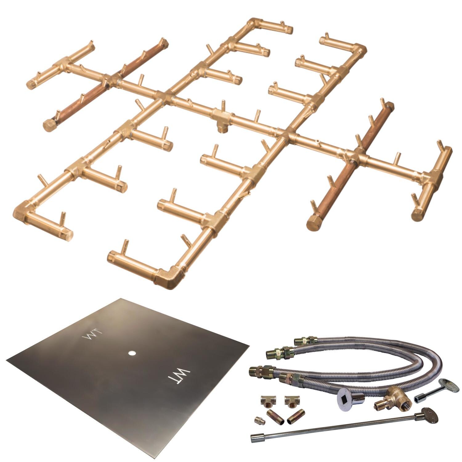 Warming Trends 60-Inch Square Natural Gas Fire Pit Burner Kit W/ 46-Inch Original CROSSFIRE Brass Burner - Match Light Ignition - CFB450NGALPL60SFK2