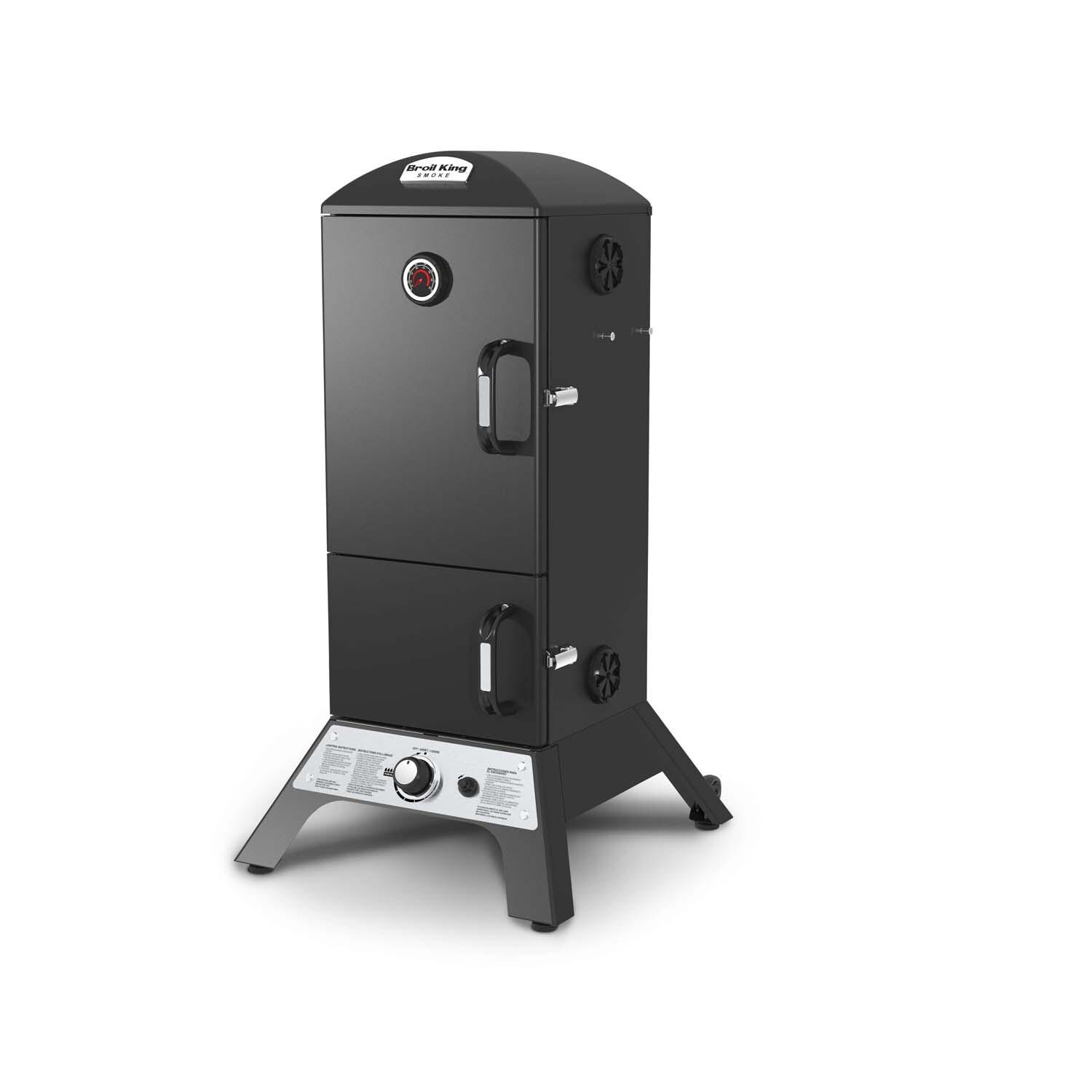 Broil King 28-Inch Smoke Vertical Propane Gas Smoker - Black - Angled Left - White Background thumbnail