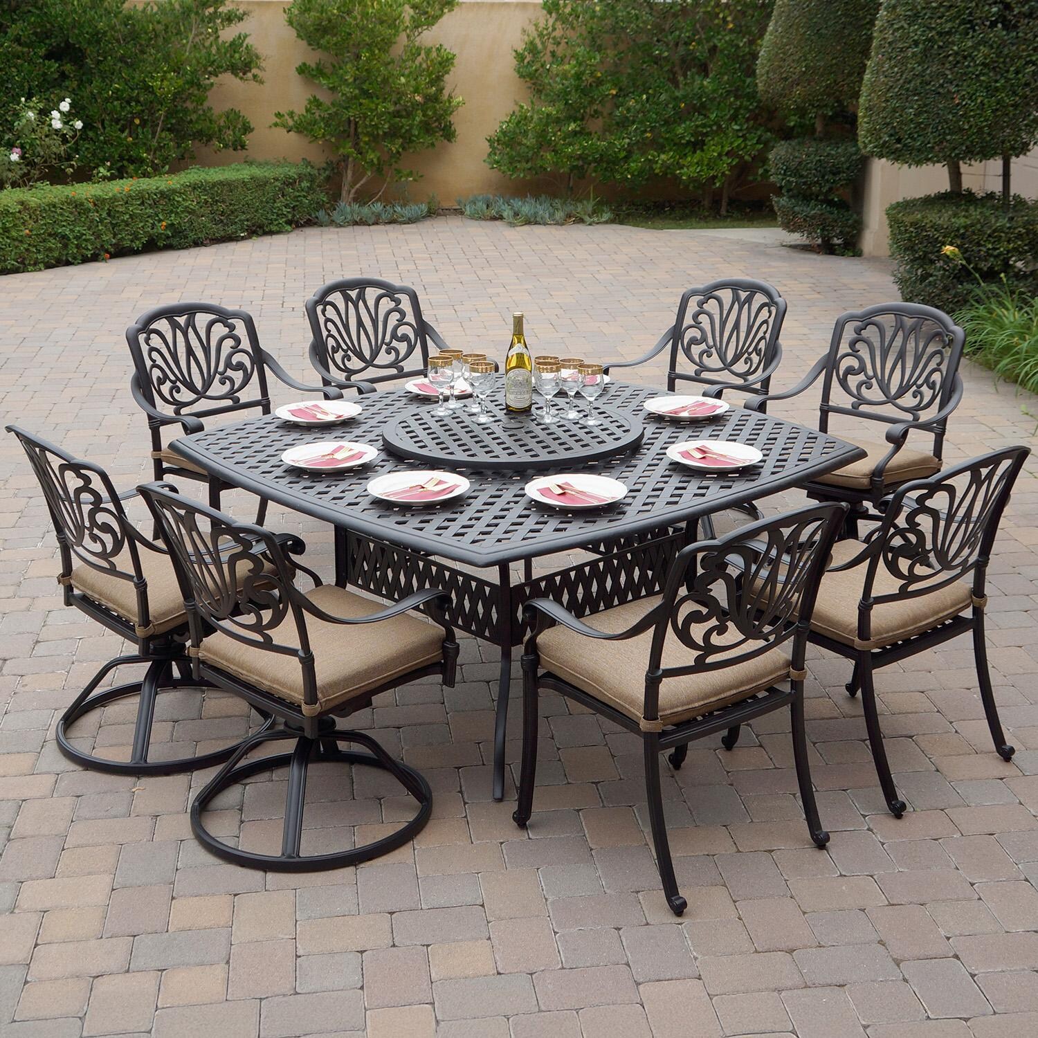 Elisabeth 10 Pc Cast Aluminum Dining Set w/ 64 Inch Series 30 Table & 4 Swivel Rockers in Antique Bronze/Sesame by Darlee