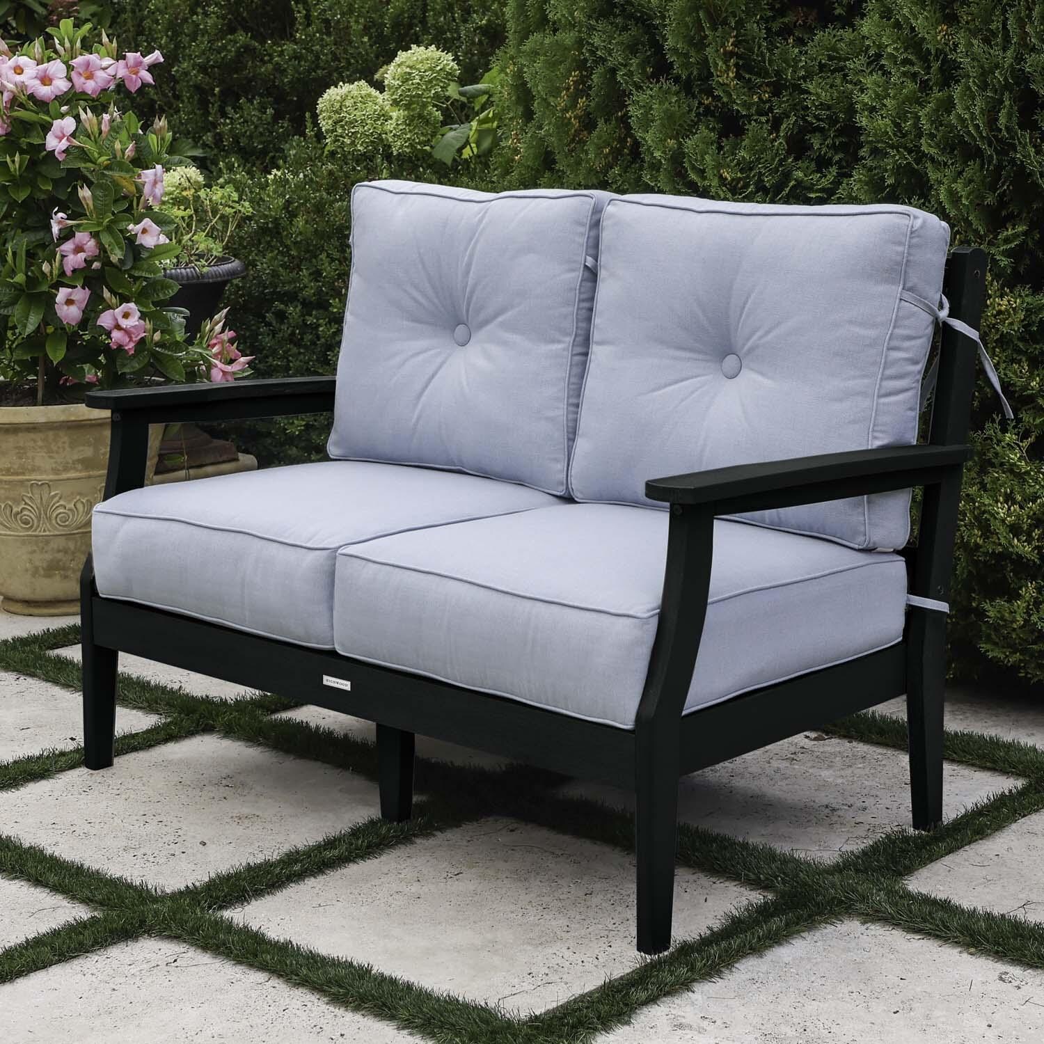 Blushing Bay 2 Person Recycled Plastic Loveseat in Bliss Dew/Black by Lakeview Outdoor Designs - Right Angled - Lifestyle thumbnail