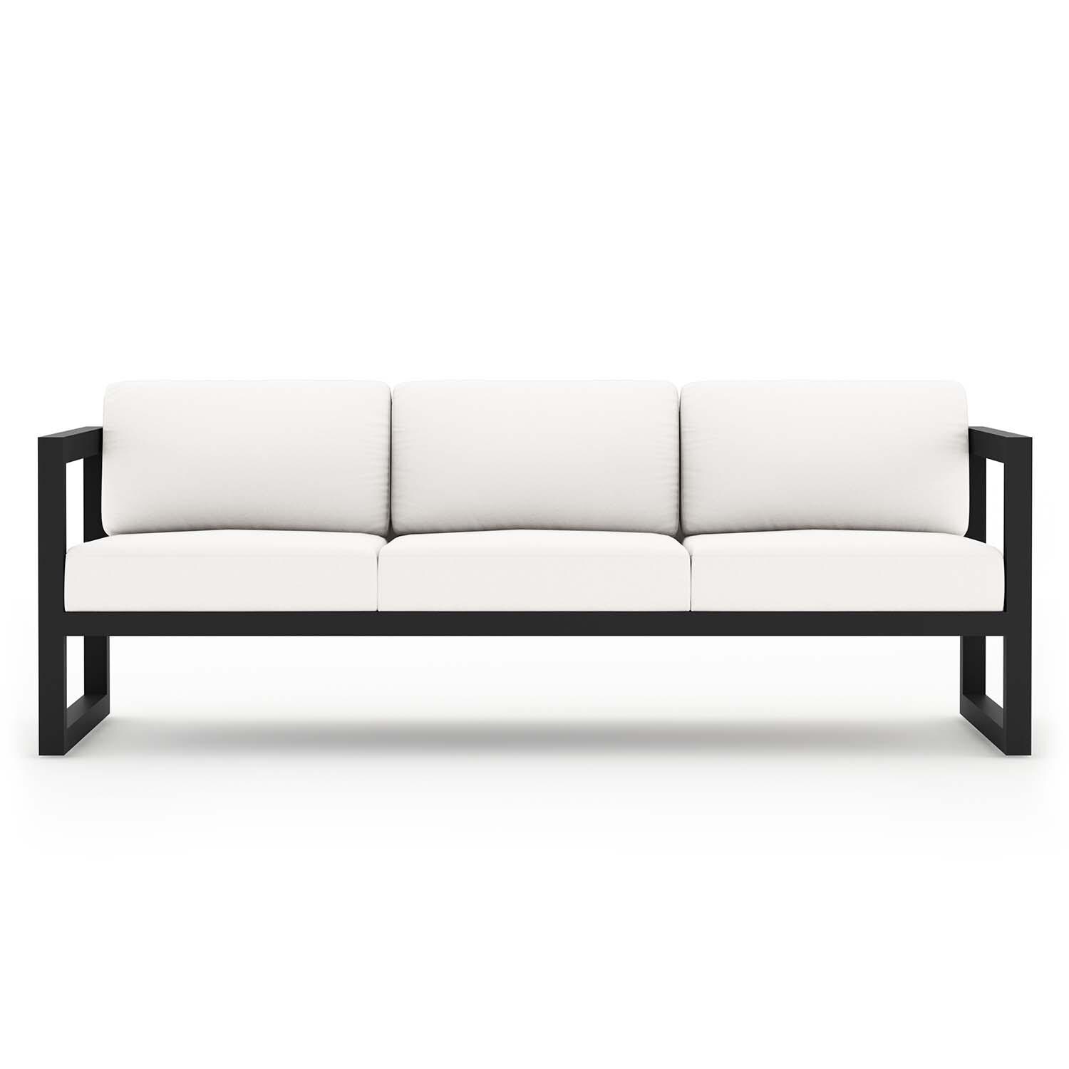 Misty Cove 3 Pc Aluminum Sofa Seating Set w/ Swivel Chairs in Black/Canvas Natural by Lakeview Outdoor Designs - Sofa - White Background thumbnail