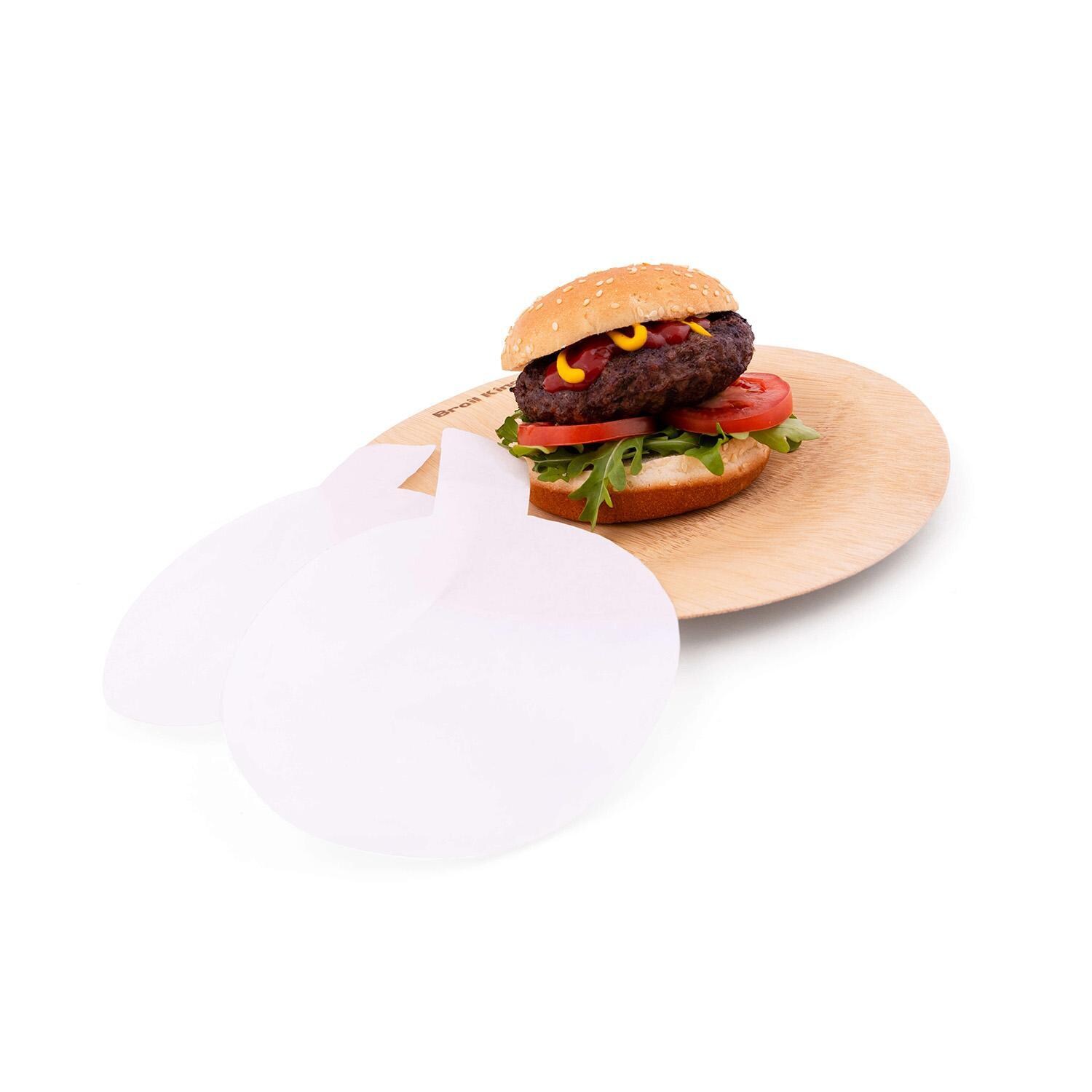 Broil King Burger Press Papers - 100 Pack - 62470 - Paper Next to Plate - White Background thumbnail