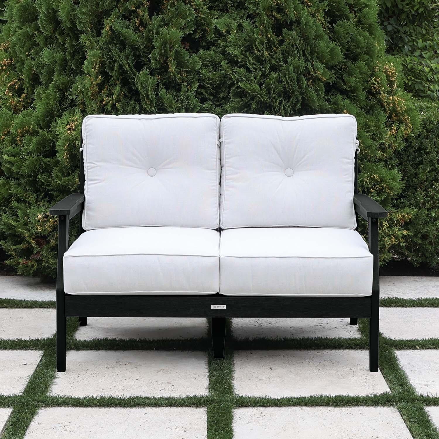 Blushing Bay 2 Person Recycled Plastic Loveseat in Bliss Linen/Black by Lakeview Outdoor Designs - Lifestyle thumbnail