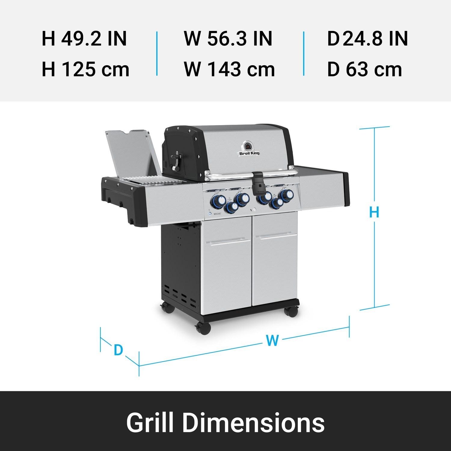 Broil King 956947 Regal S 490 PRO IR 4-Burner Natural Gas Grill With Rotisserie & Infrared Side Burner - Stainless Steel - Grill Dimensions - Dimensional thumbnail