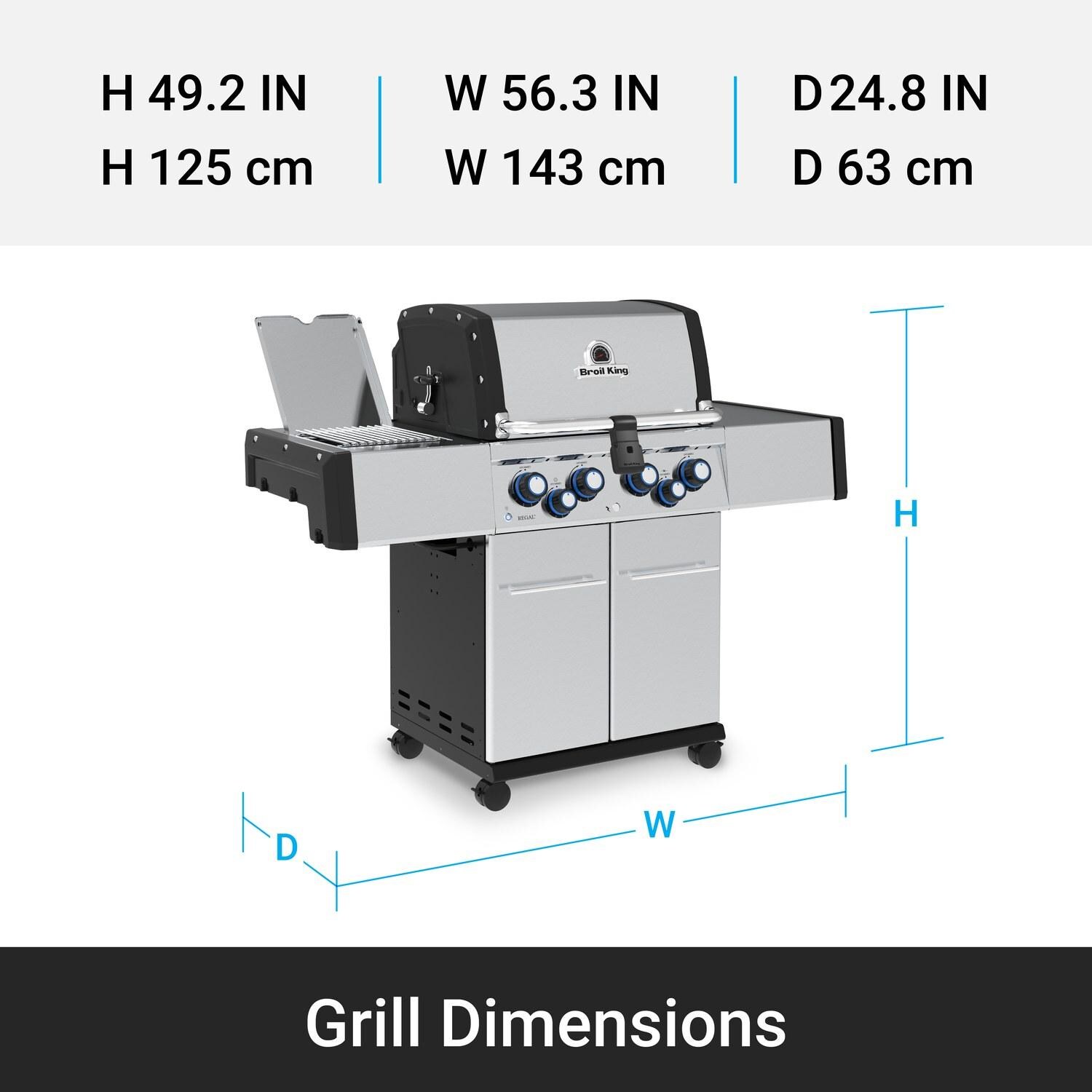 Broil King 956947 Regal S 490 PRO IR 4-Burner Natural Gas Grill With Rotisserie & Infrared Side Burner - Stainless Steel - Grill Dimensions - Dimensional thumbnail